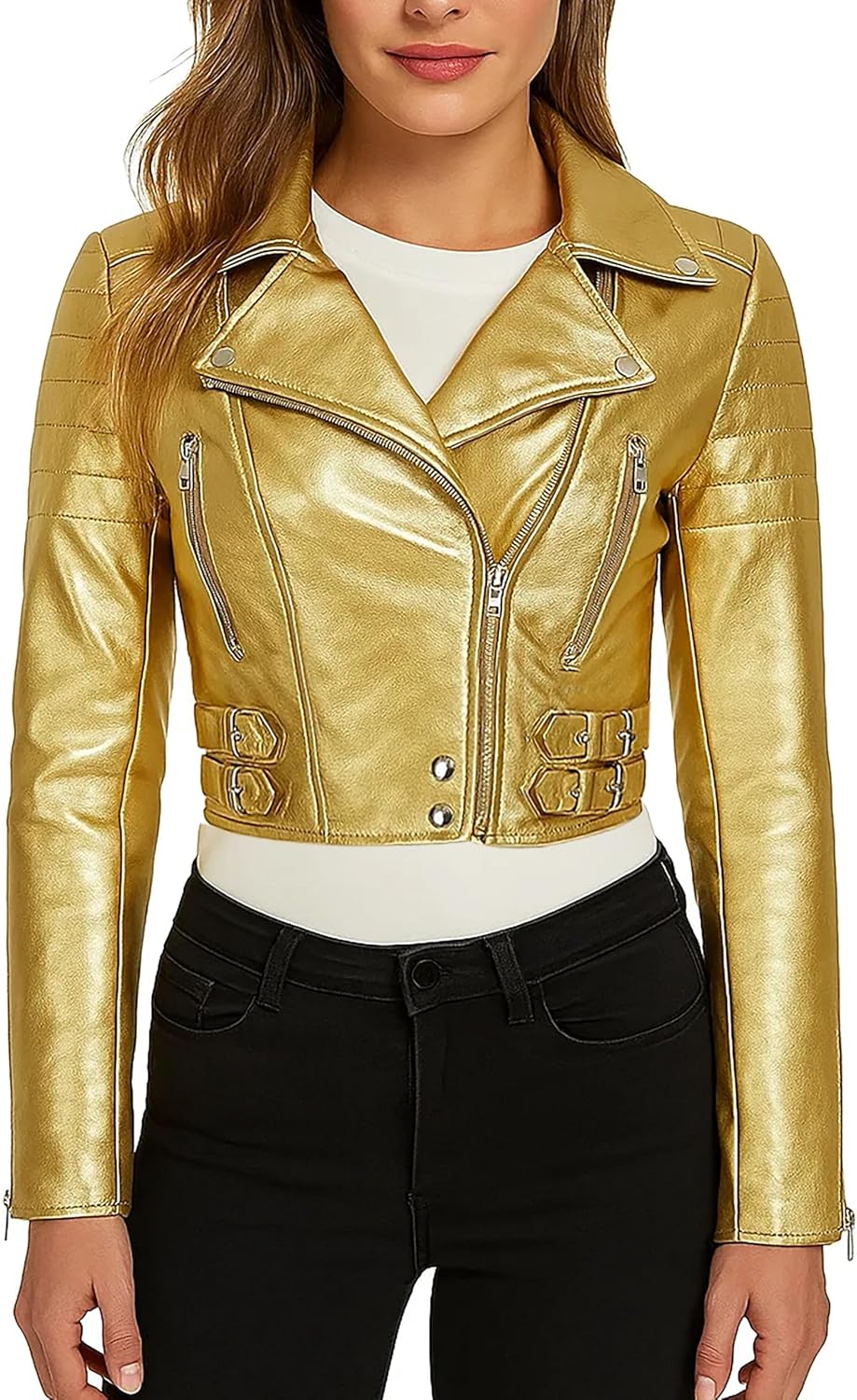 SpazeUp Women's Cropper Leather Jacket - Ladies Short Body Biker Leather Jacket Silver Golden