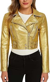 SpazeUp Women Golden Metallic Cropped Leather Moto Jacket