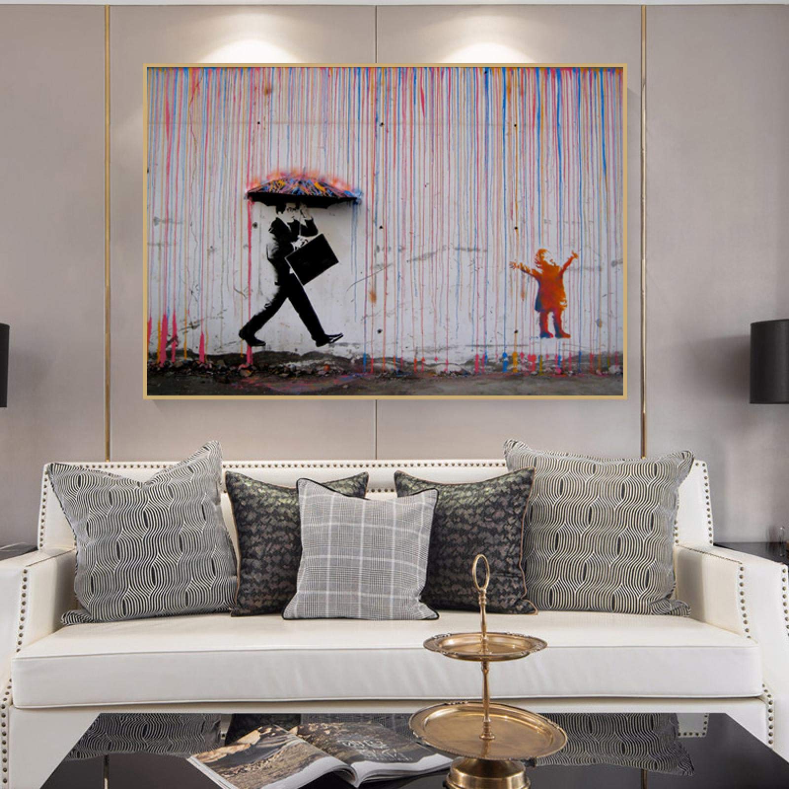 Amazon.co.jp: カラフルな雨アートキャンバス絵画バンクシーストリート