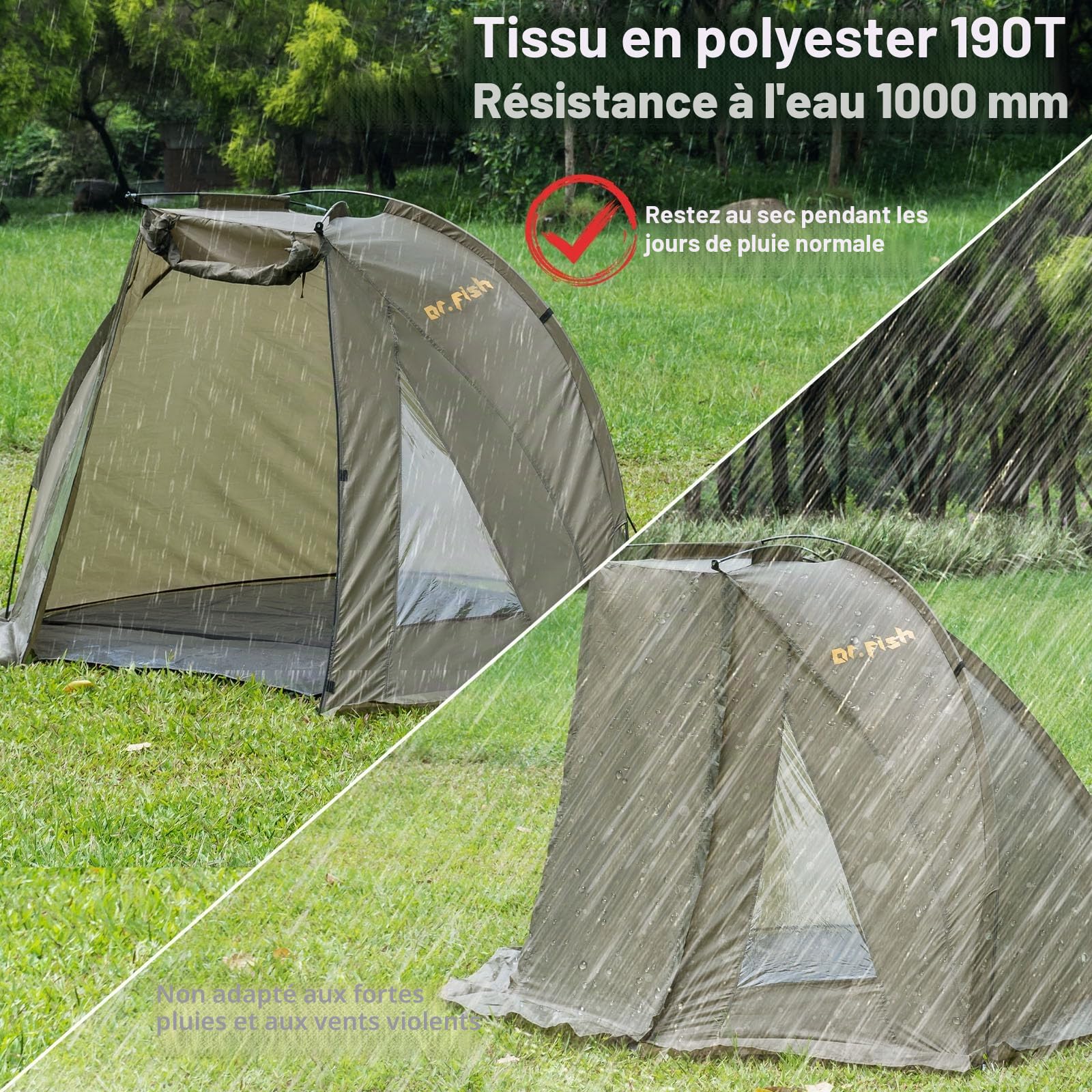 Dr.Fish Tente de Camping pour Pêche Carpe - Légère et Installation Rapide et Respirante – avec Sac fourre-Tout, Etanche à l'Humidité pour Pique-Nique Randonnée Pêche en 4 Saison