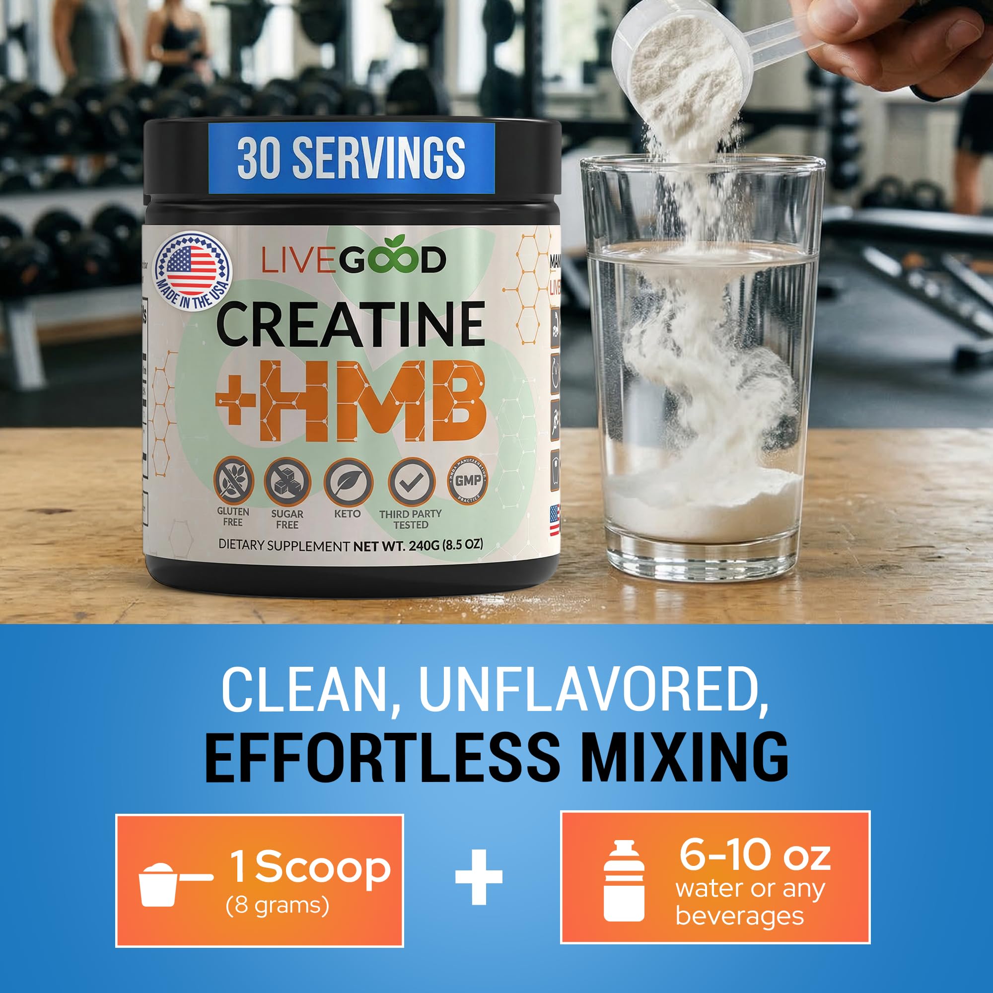 LiveGood Creatine Monohydrate Powder with HMB, Unflavored, 30 Servings — Amazon image 6