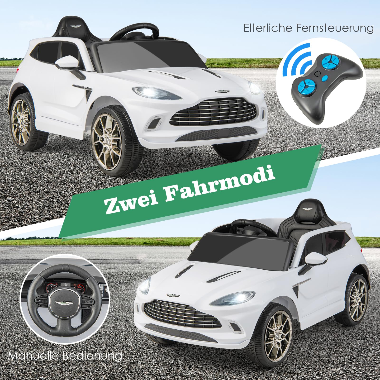 GOPLUS 12V Kinder Elektroauto Aston Martin DBX, Kinderfahrzeug mit Ferbedienung, Hupe, Musik, Schweinwerfer & Rücklicht, Kinderauto mit Slow-Start-Funktion für 3-8 Jahre alt (Weiß)