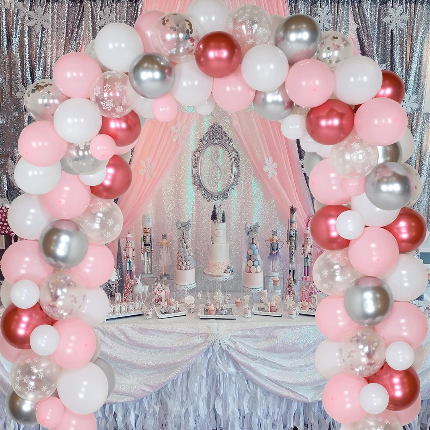 Winter Snowflake Party Decoration Pink 106Pcs Winter Snowflake Balloon Garland Winter onederland Party Decor Balloon for Winter Onederland 1st Birthday Baby Its Cold Outside Baby Shower Decor