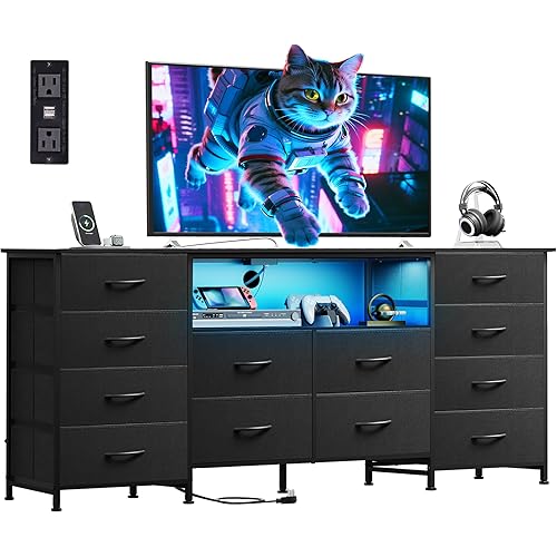 WLIVE 12 Drawer Dresser for Bedroom, Black Dresser TV Stand for 65, 70, 75 inch TV with Led Light & Charging Station, Wide Chest of Drawers with Open Shelves, Fabric Dressers for Closet, Living Room
