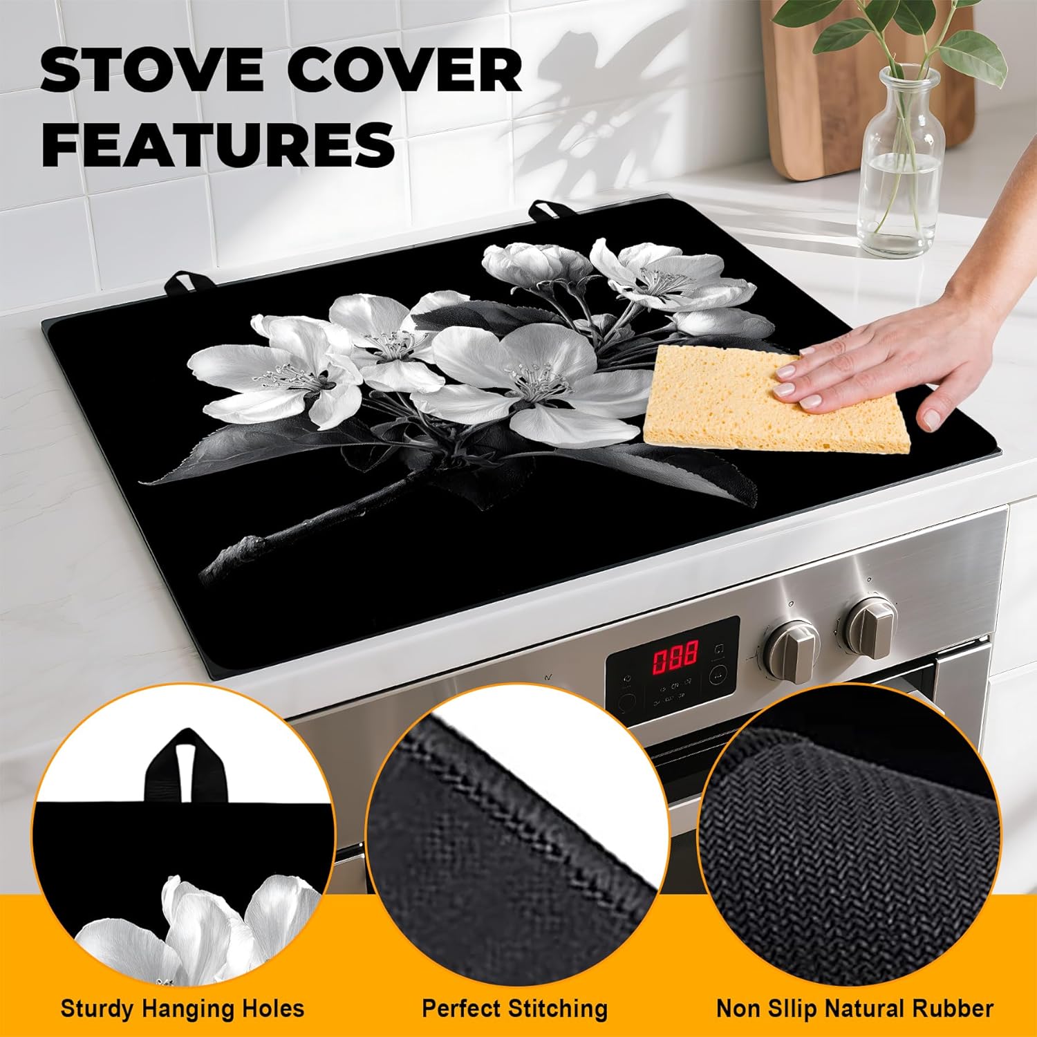 Stove Top Cover for Home Decoration Kitchen Pad Non-Stick Washable Cooktop Covers Countertop Protector Keep Stove Clean 28"x20" (White floral-2)
