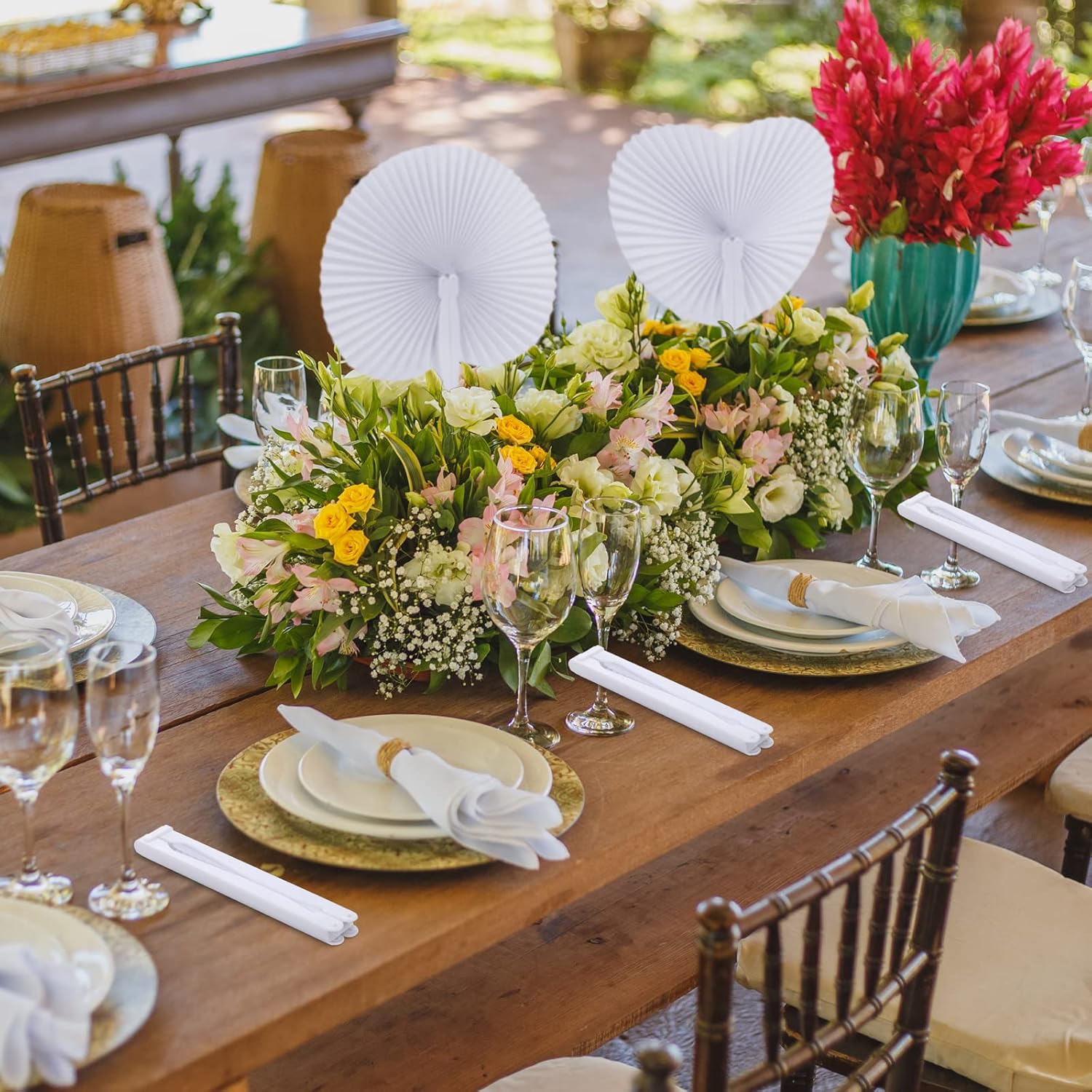 Aodaer 100 Pack White Folding Fans Heart and Round Shaped Folding Fans Handheld Fans with Plastic Handles Decorative Fans for Wedding Birthday Decoration