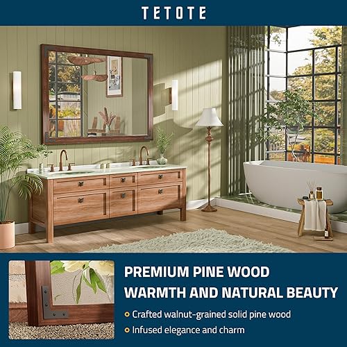 Miniatura 9 de TETOTE Espejo de marco de madera de 22 x 30 pulgadas para pared de baño, espejo de tocador con marco de madera, decoración rústica bohemia para