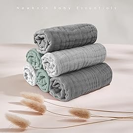 MOON PARK Baby Washcloths, 12 Pack - 12x12 Inches, Small Burp Cloths and Baby Wipes - 100% Cotton Muslin Ultra Soft for Newborn, Infant and Toddlers - Grey, Green and Slate