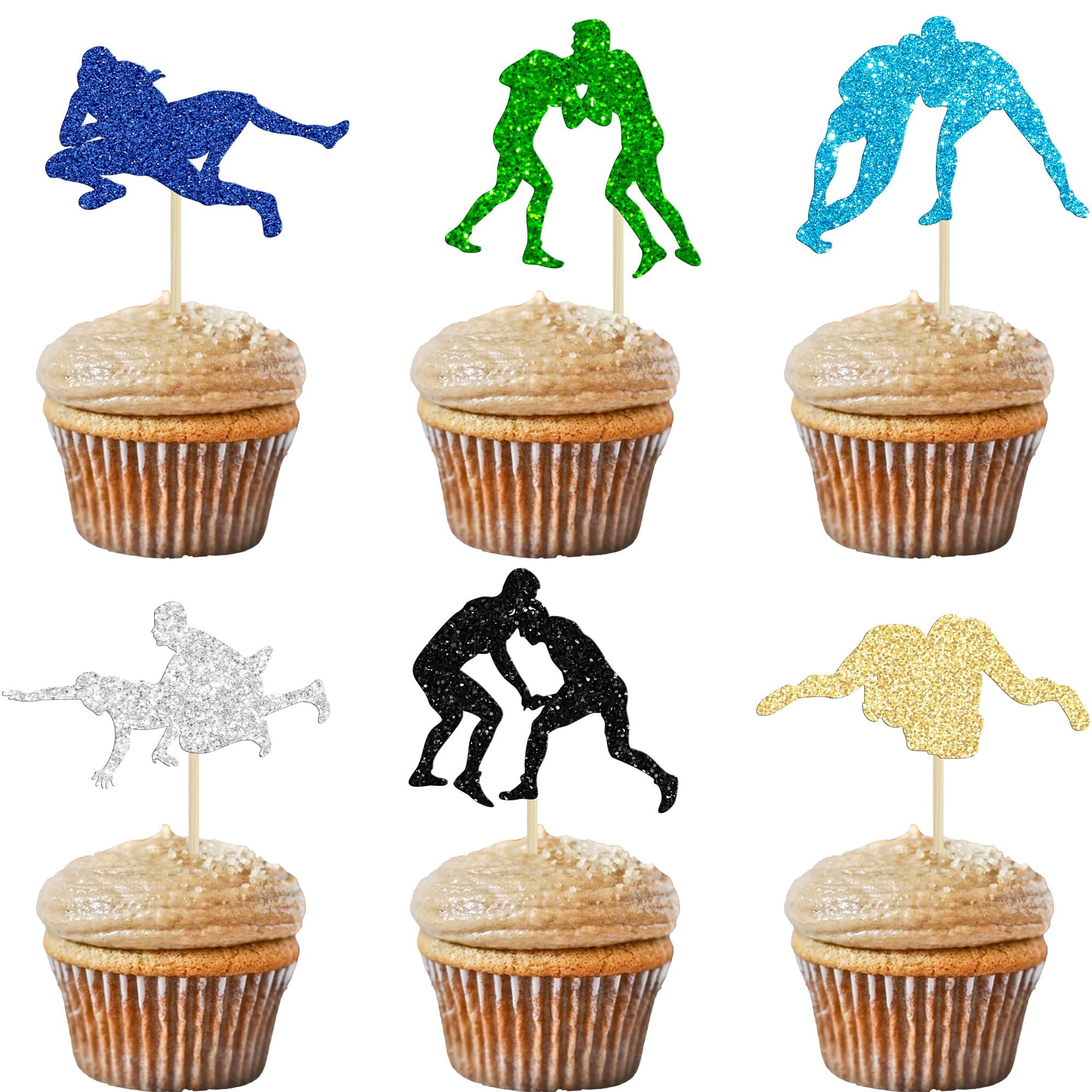 Ephlyn 30Pcs Wrestling Cupcake Toppers Glitter Wrestler Birthday Cupcake Picks Wrestling Party Cupcake Decorations for Sport Theme Boys Men Birthday Party Cake Decorations Supplies Colorful