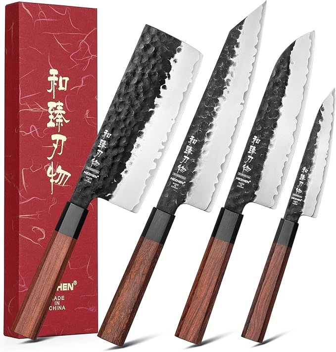 HEZHEN Juegos de Cuchillos de Cocina 4 Piezas, Acero Forrado Nakiri Cuchillo Chef Santoku Universales, Mango Octogonal de Madera