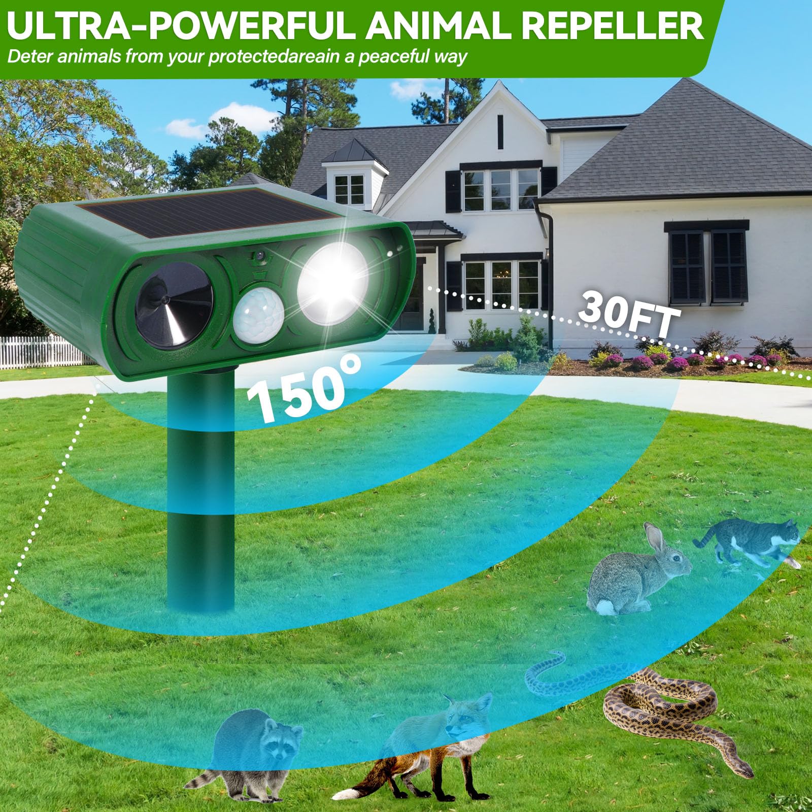 Répulsif Chat Ultrason Extérieur avec Détecteur de Mouvement Lumière LED Étanche pour Jardin Chien Écureuil Renard 510B