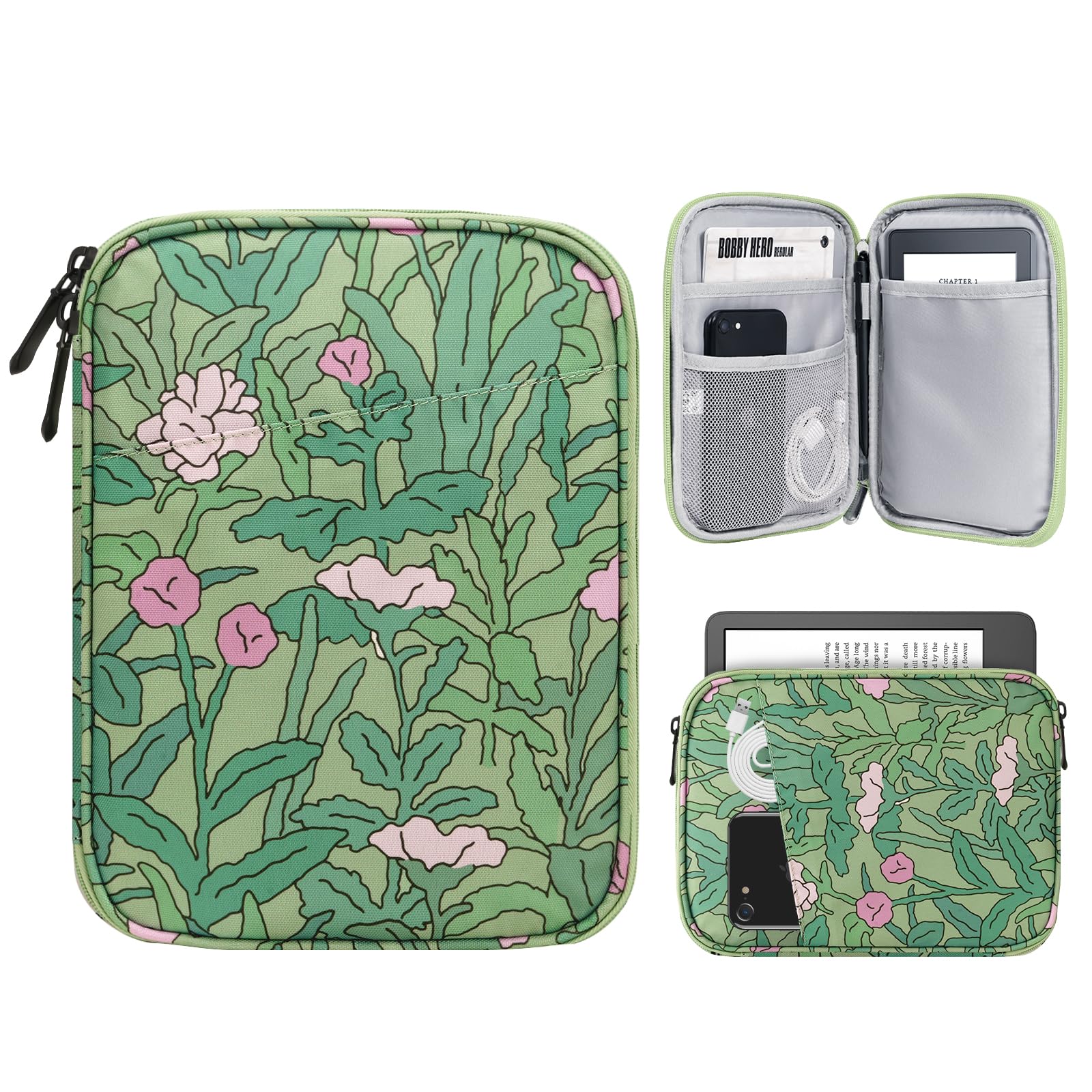 TiMOVO 6-7 Pollici Custodia per Tablet, Paperwhite/Colorsoft Signature Edition, Custodia Protettiva con Tasca per E-Reader/Oasis e Dispositivi Kobo, Fiore Verde