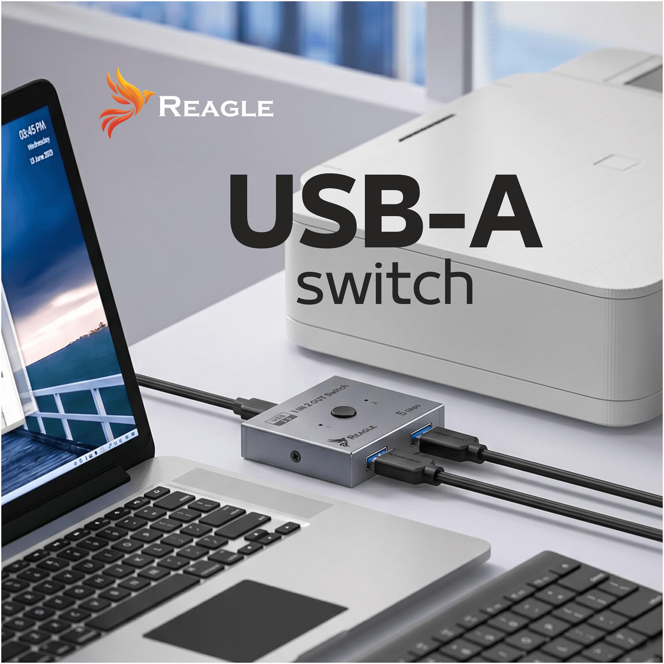 Reagle Switch USB 3.0 1x2 / 2x1, Dwukierunkowy Przełącznik USB A 5Gbps, 3 Porty USB 3.2 Gen 1, Plug & Play Aluminium do Klawiatury Myszy Drukarki Dysku USB PC Mac Linux