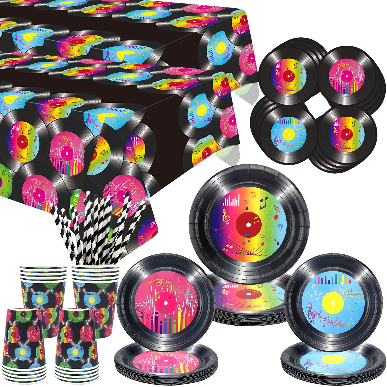 1950s Record Party Supplies - Rock Record Party Tableware - Dinner Plates Desserts Plates Cups Napkins Tablecover Straws for 1950's Rock Music Supplies, Serves 20