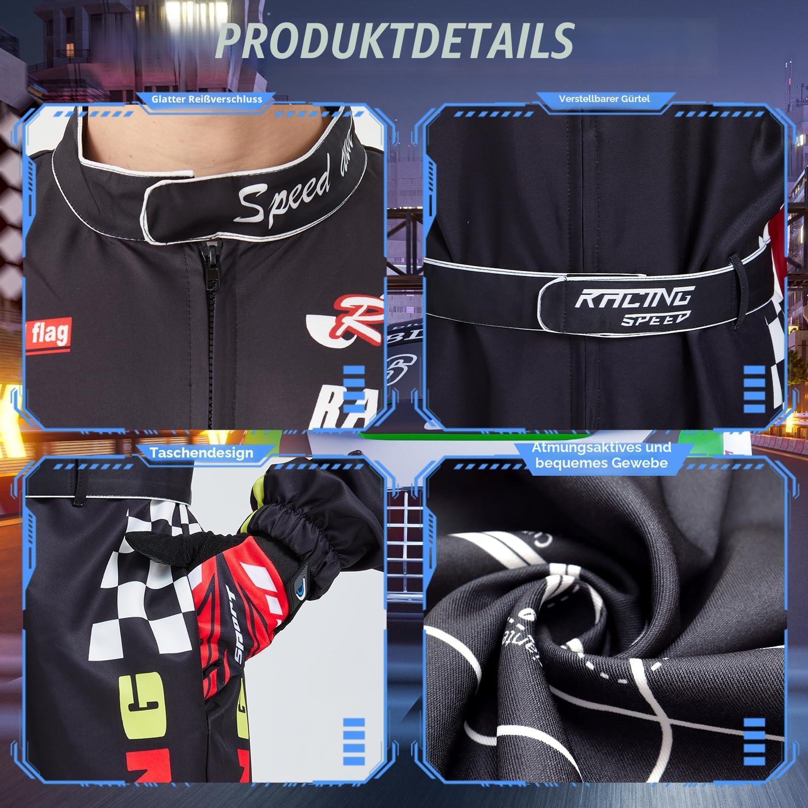 Rennfahrer Kostüm Herren Damen Rennfahrer Anzug Jumpsuit Overall mit Hut Sonnenbrille Handschuhe Gürtel Halloween Karneval Erwachsene Racer Komplettset