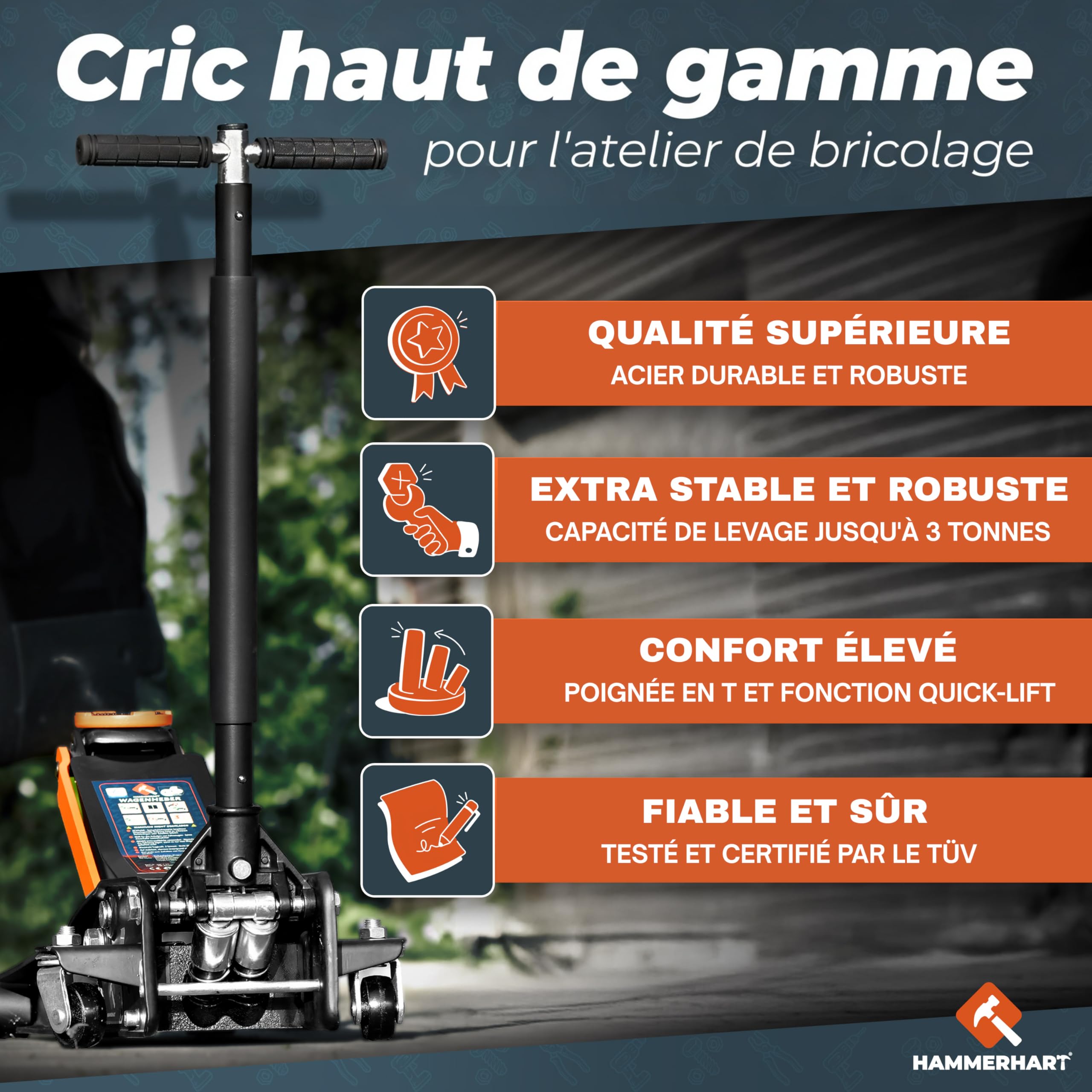 Cric hydraulique 3T | Cric certifié TÜV & GS | Cric Voiture Compact avec Une Hauteur de Levage de 75 à 500 mm [Vainqueur du Test] Cric avec revêtement en Caoutchouc, à Double Piston et T poignée