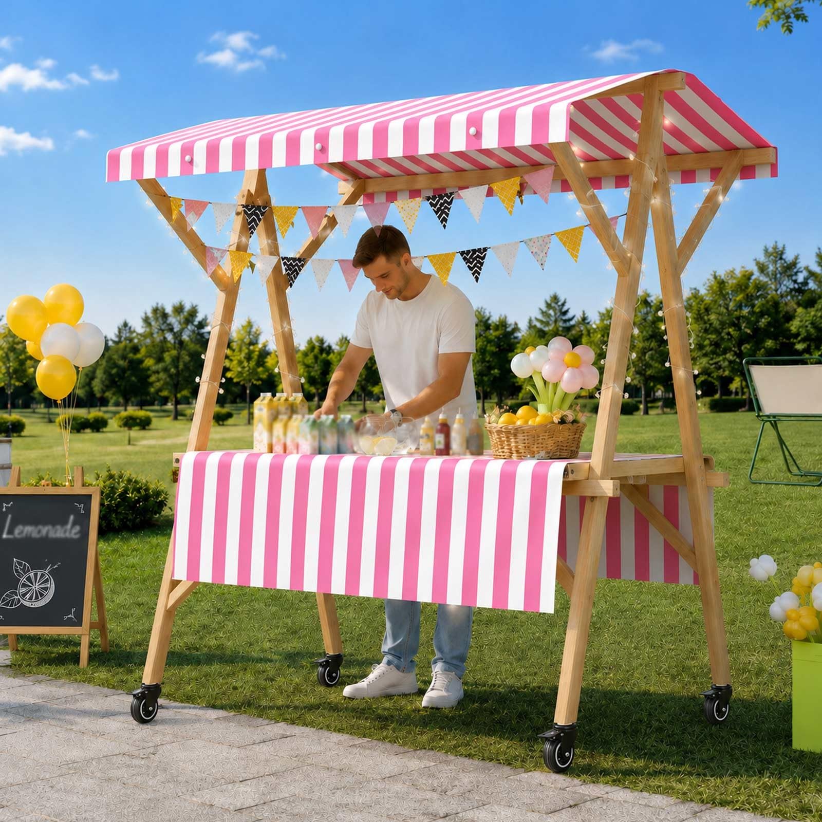 Puesto De Mercado con Toldo, Carrito De Comida Callejera De Madera, Carro Venta Ambulante, Kiosco Móvil con Ruedas, Stand Plegable para Catering Y Eventos Pop Up(Pink a,L 150cm/59in)