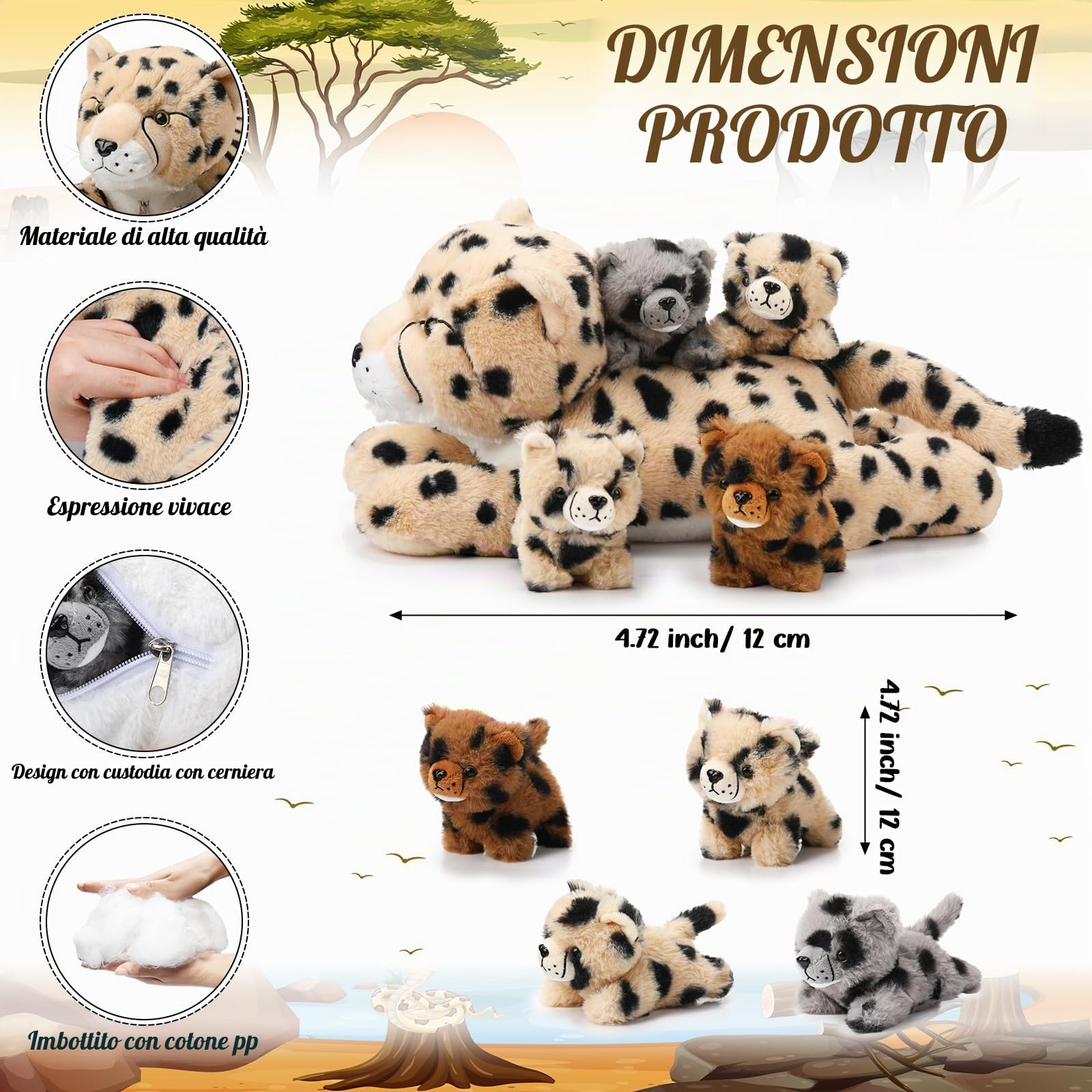 Zomiboo Set 5 Animali di Peluche Ghepardo Peluche Mamma Ghepardo Grande 4 Teneri Cuccioli di Ghepardo nella Pancia per Ragazzi e Ragazze Compleanno Regali di Laurea Decorazioni Feste(Stile Sdraiato)