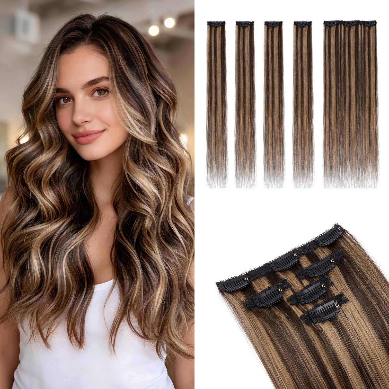 MY-LADY Clip in Extensions Echthaar Glatt 25cm 5 Stück Echthaar Extensions Clip mit Lace-Basis für Unsichtbares Volumen #2P6 Dunkel Braun/Hellbraun 36g