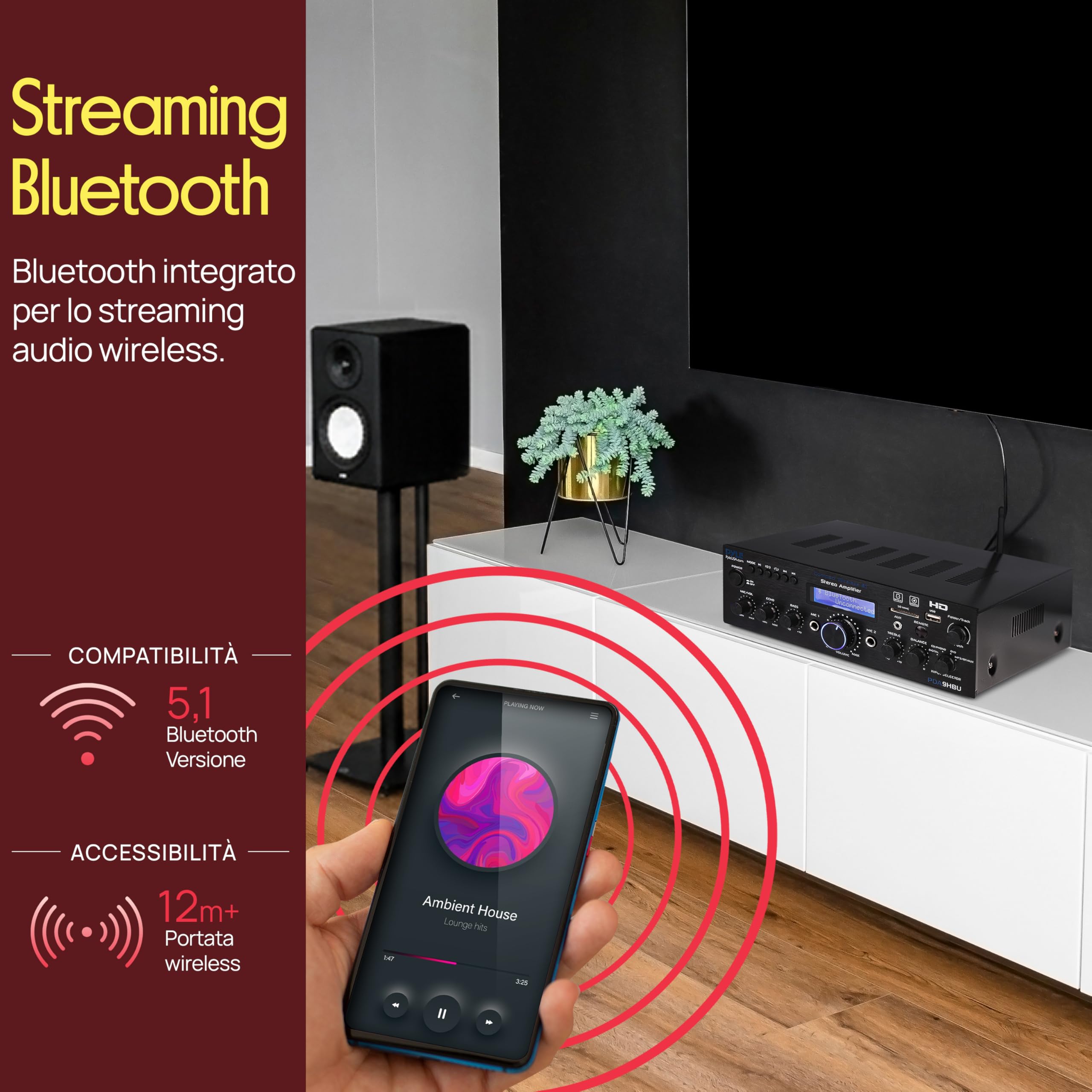 Pyle Amplificatore Audio Stereo Bluetooth Wireless per Casa, Amplificatore Multicanale 200 Watt, Ricevitore Audio con HDMI, USB/SD, AUX, RCA, Radio FM