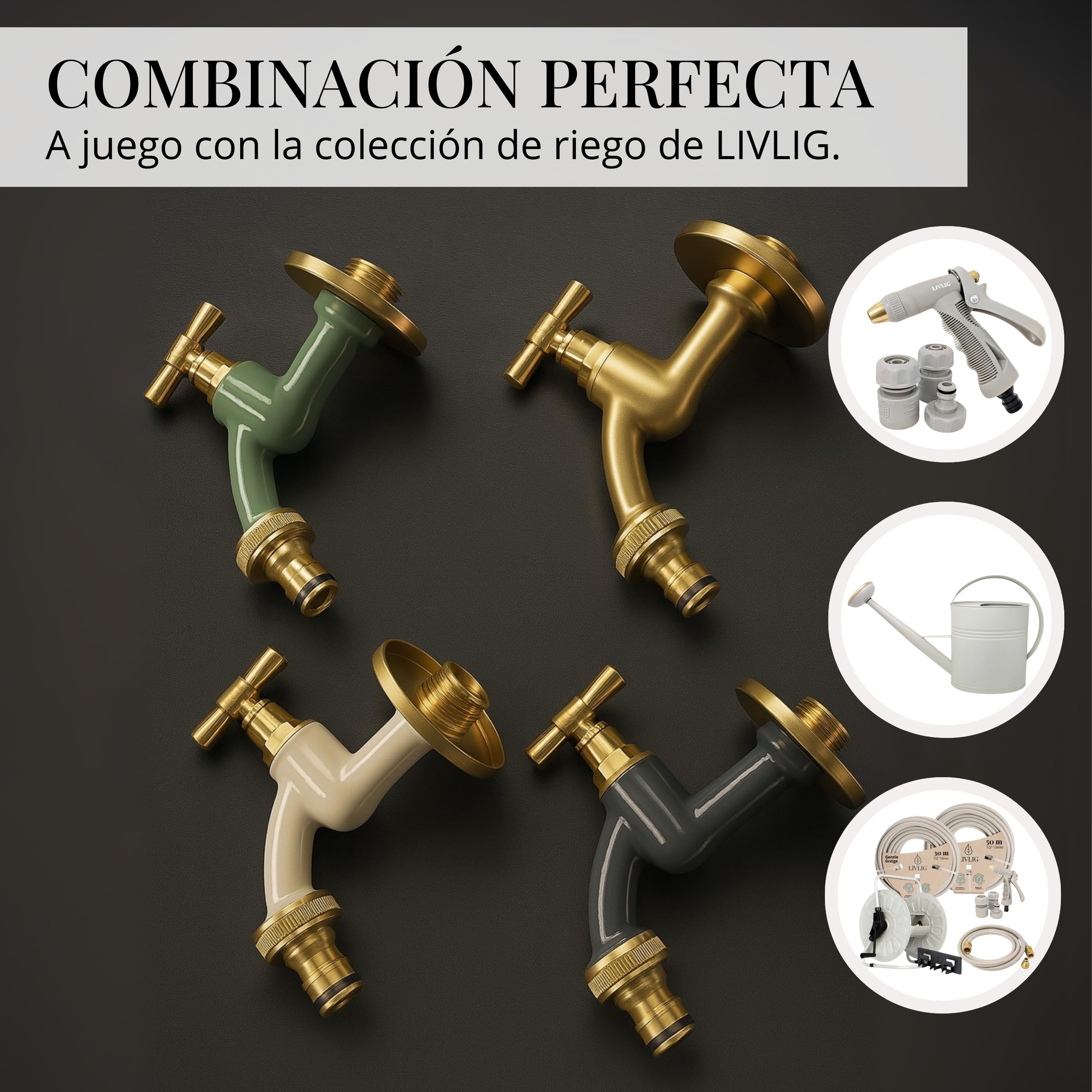 LIVLIG Premium Grifo de Jardín, Grifo exterior resistente a las heladas con guarnición de roseta y conexión de manguera, Grifo de agua fría de latón, Grifo de diseño dorado con recubrimiento en polvo
