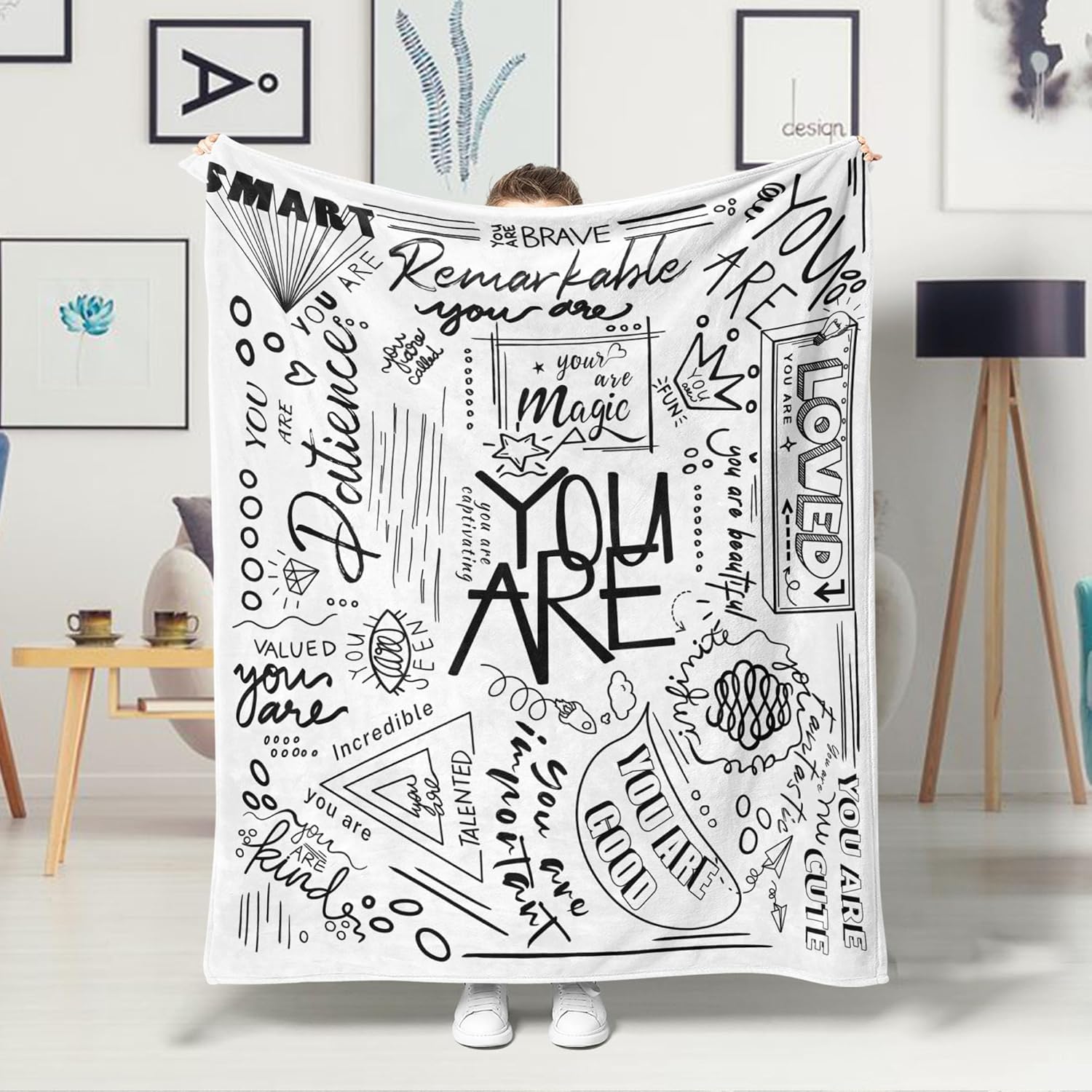 Inspirational Quote Throw Blanket, Positive Psychological Hint Word You are Cozy Decor Nap Cash Blankets Gift for Teens Kids Children Student College Dorm Throws White and Black 60×80 inches