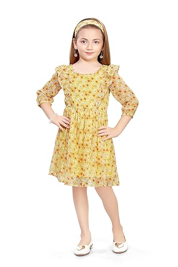 Doodle Girls Dresses, Frock for Girls, Round Neck Knee Length Dress with Matching Hair Band for Girls