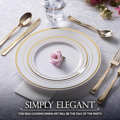 Miniatura 5 de Juego de platos desechables para cena y postre (200 piezas) de 10 + 7 pulgadas, platos de plástico blanco y dorado para fiestas, 100 invitados,