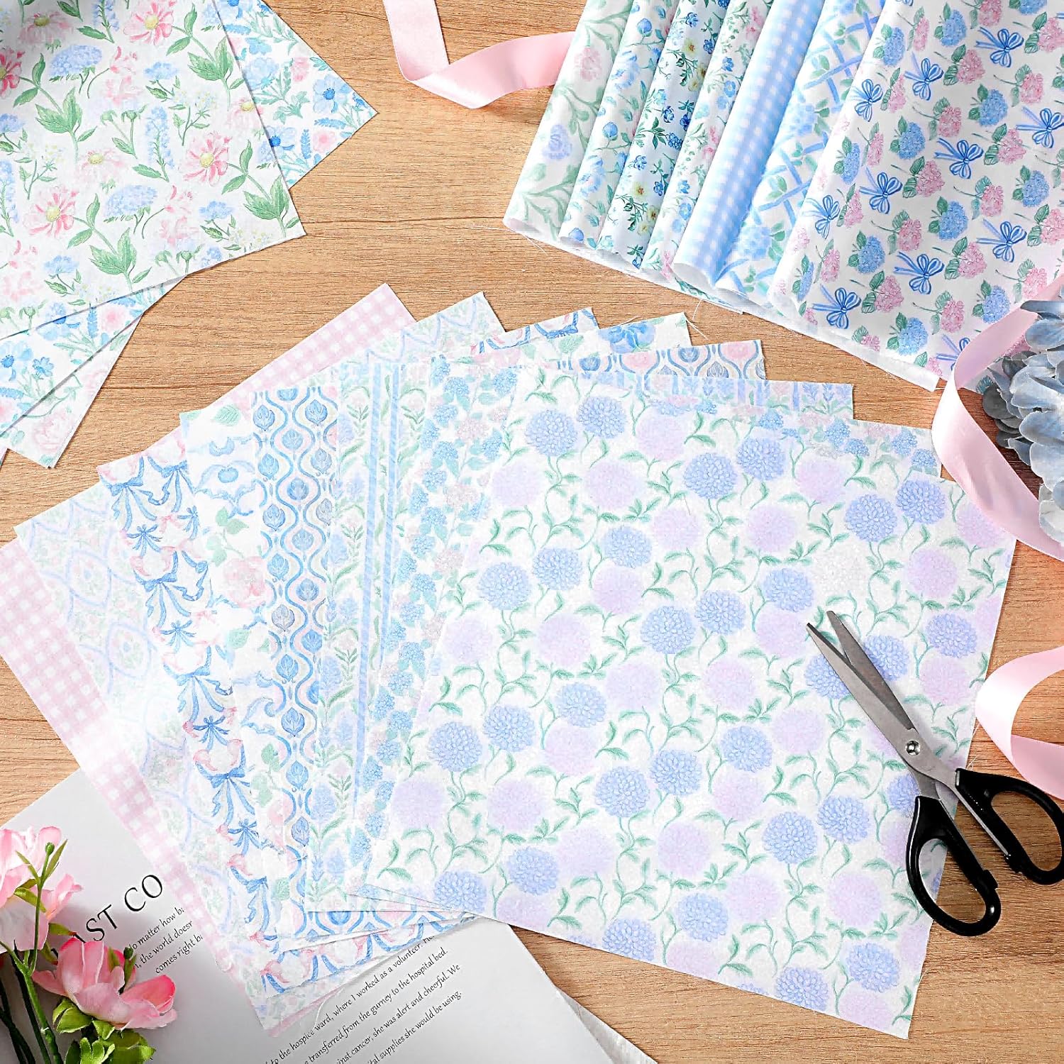Tudomro 60 Pcs Pastel Floral Fabric Squares 10 x 10 Inch Cotton Pink Blue Hydrangea Rose Gingham Stripe Quilting Fabric Bundles Spring Flower Fat Quarters Quilting Precut Patchwork for Sewing Crafts
