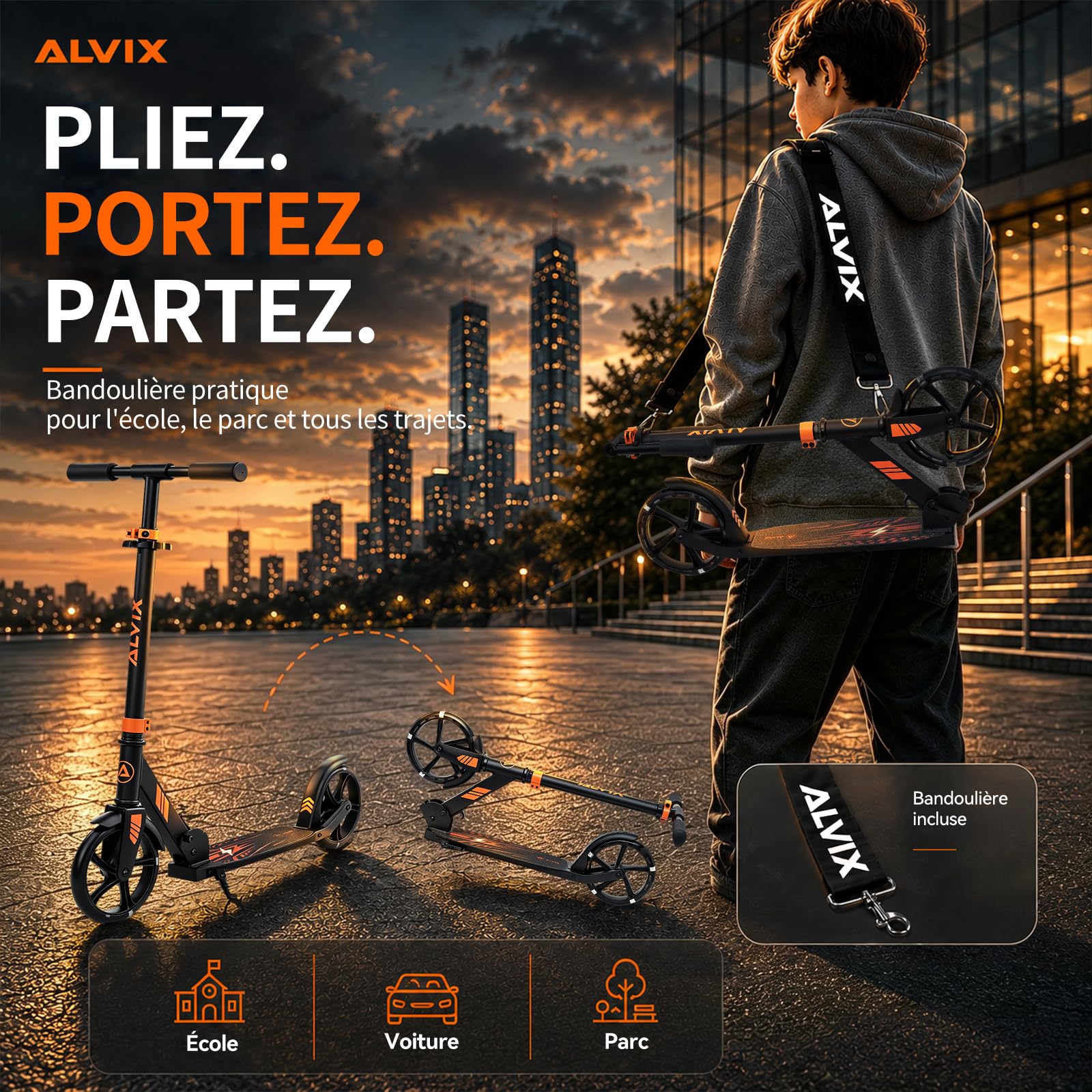 ALVIX Trottinette pour enfant avec roues lumineuses LED, hauteur réglable à partir de 6 ans, roues de 200 mm, trottinette pliable avec sangle de transport, large plateau, jusqu'à 100 kg