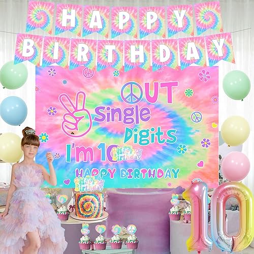 Miniatura 4 de Decoraciones de cumpleaños de 10 años para niñas, diseño de macarons pastel con texto en inglés I'm 10 Peace Out, globos de fondo de 10 años con