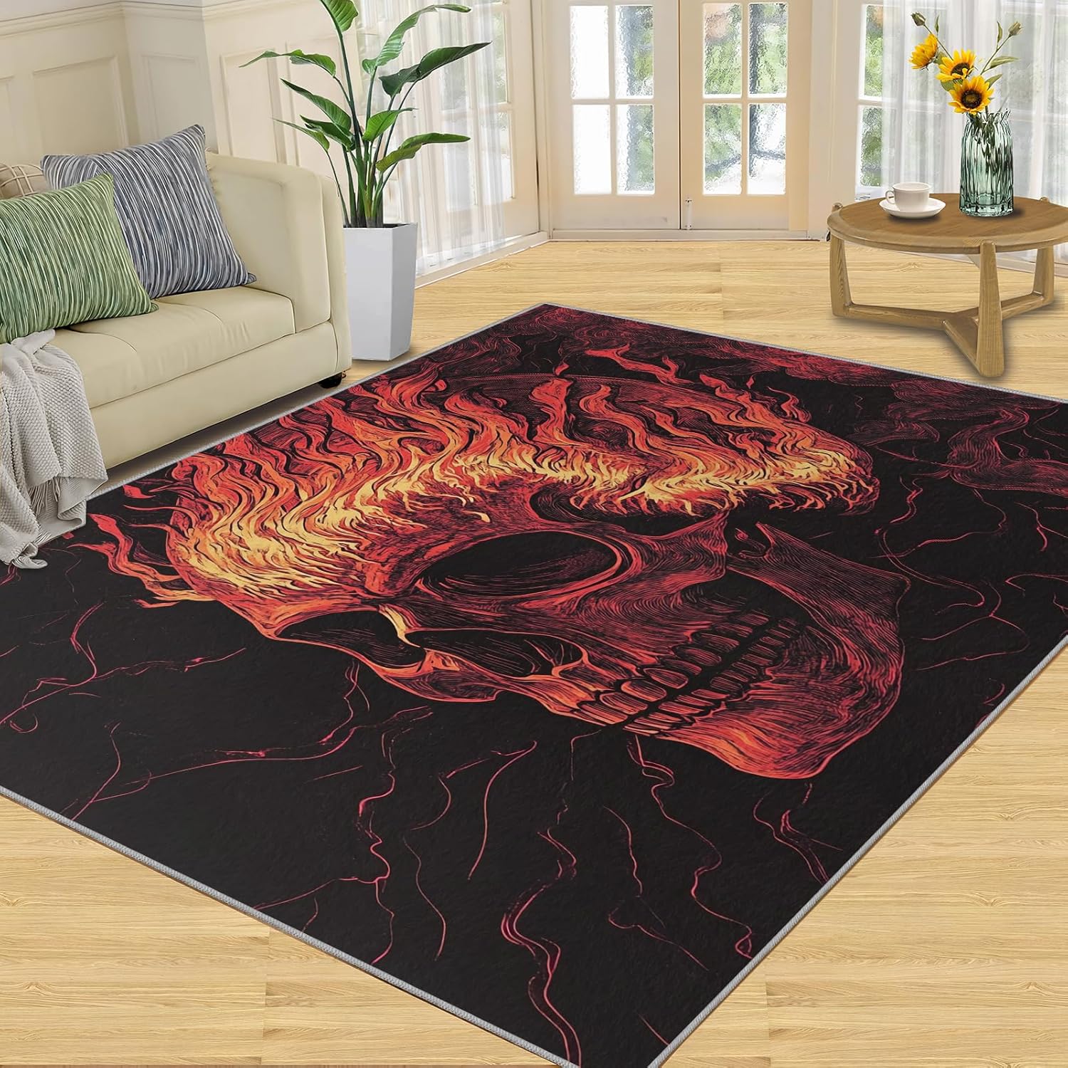HYGIUID Flame Skull Hallway Rug - 70 x 120 cm Eerie Gothic Skeleton ...
