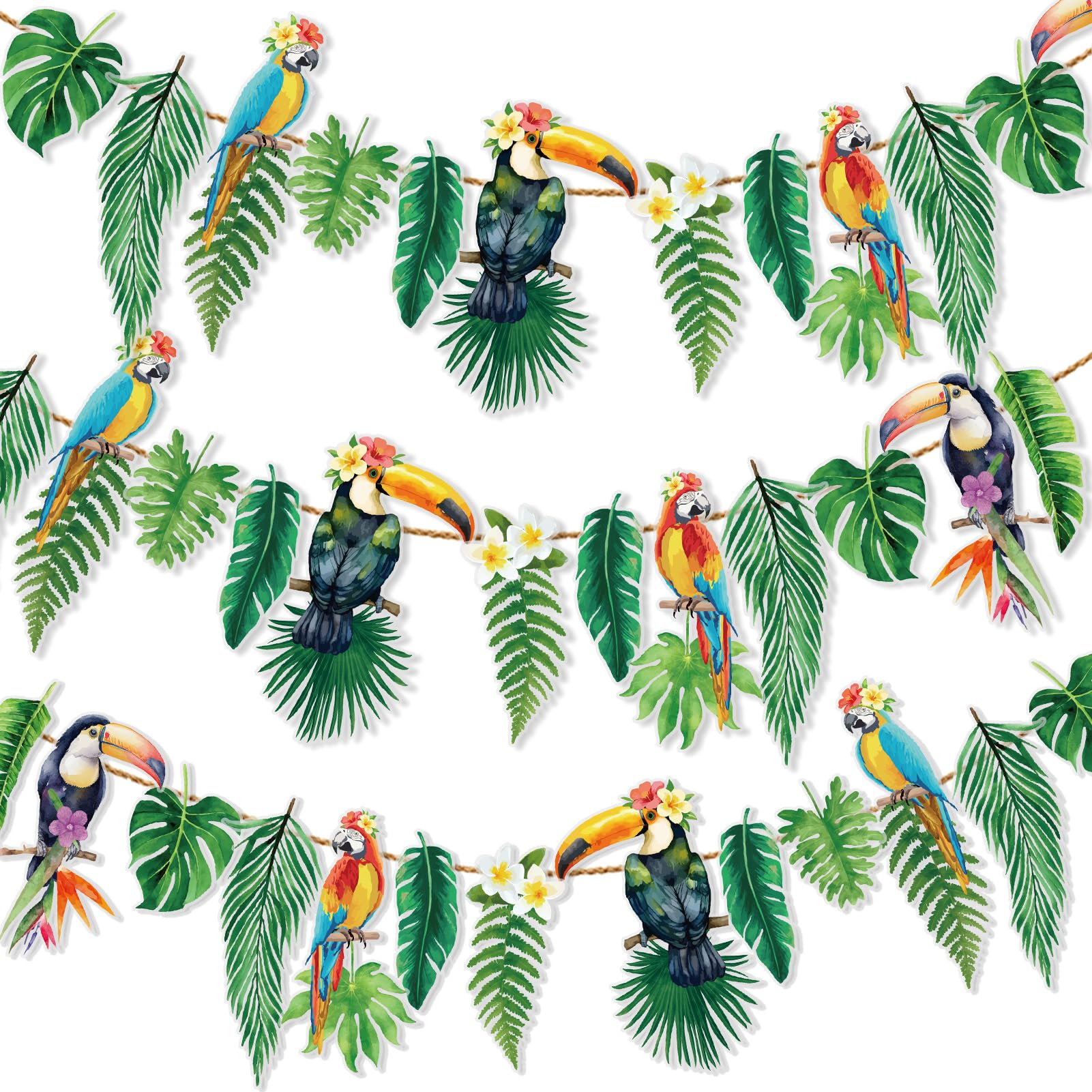 Photo 1 of OBBOLO Tropical Banner Hawaiian Garland 2 Pack 6.6FT, Luau Party Decorations, Hawaiian Decorations with Palm Leaves & Parrot Tropical Birds Theme, Waterproof Garland for Summer Beach Pool Party Birthday Outdoor Décor