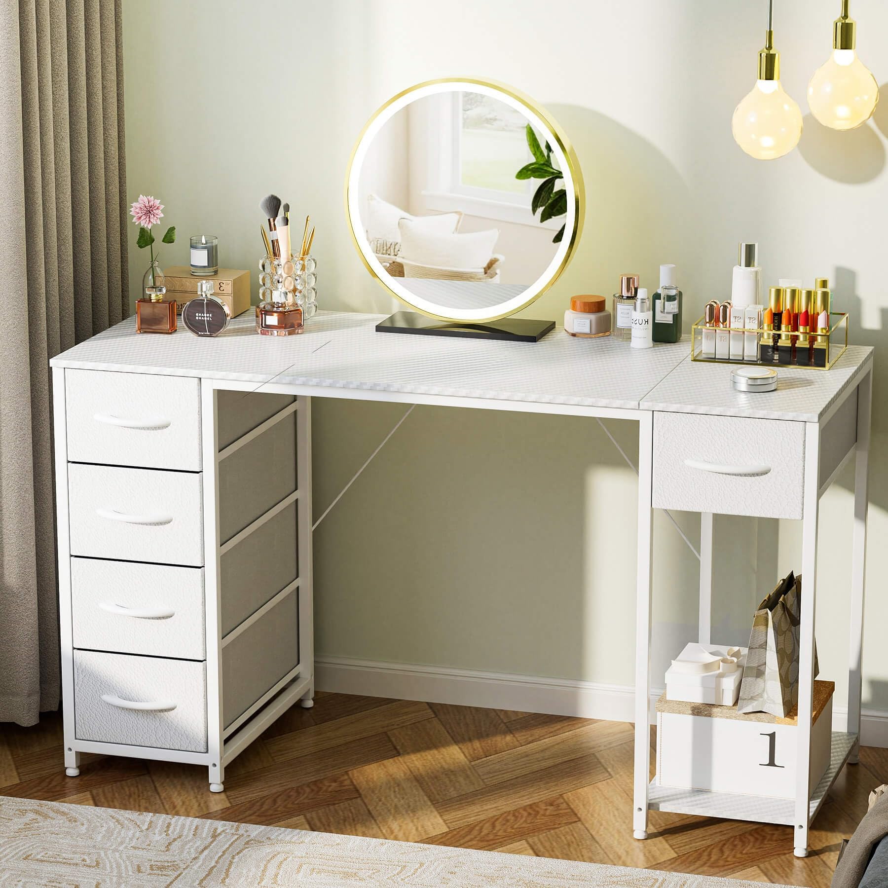 LUCKRACER Vanity Desk with 5 Fabric Drawers & Storage Shelves, Makeup Dressing Table, Computer Desks for Home Office Bedroom, White, No Mirror