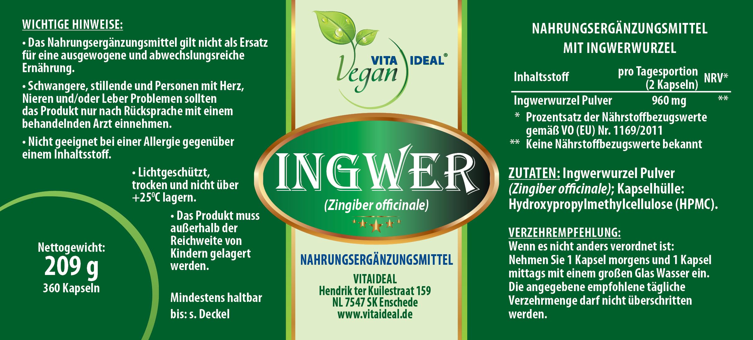 VITA IDEAL Vegan® INGWER - Wurzel 360 KAPSELN - Zingiber officinale - Imbir - Tagesportion 960mg INGWERWURZEL reines Pulver. Pflanzlich, natürlich & ohne Zusatzstoffe