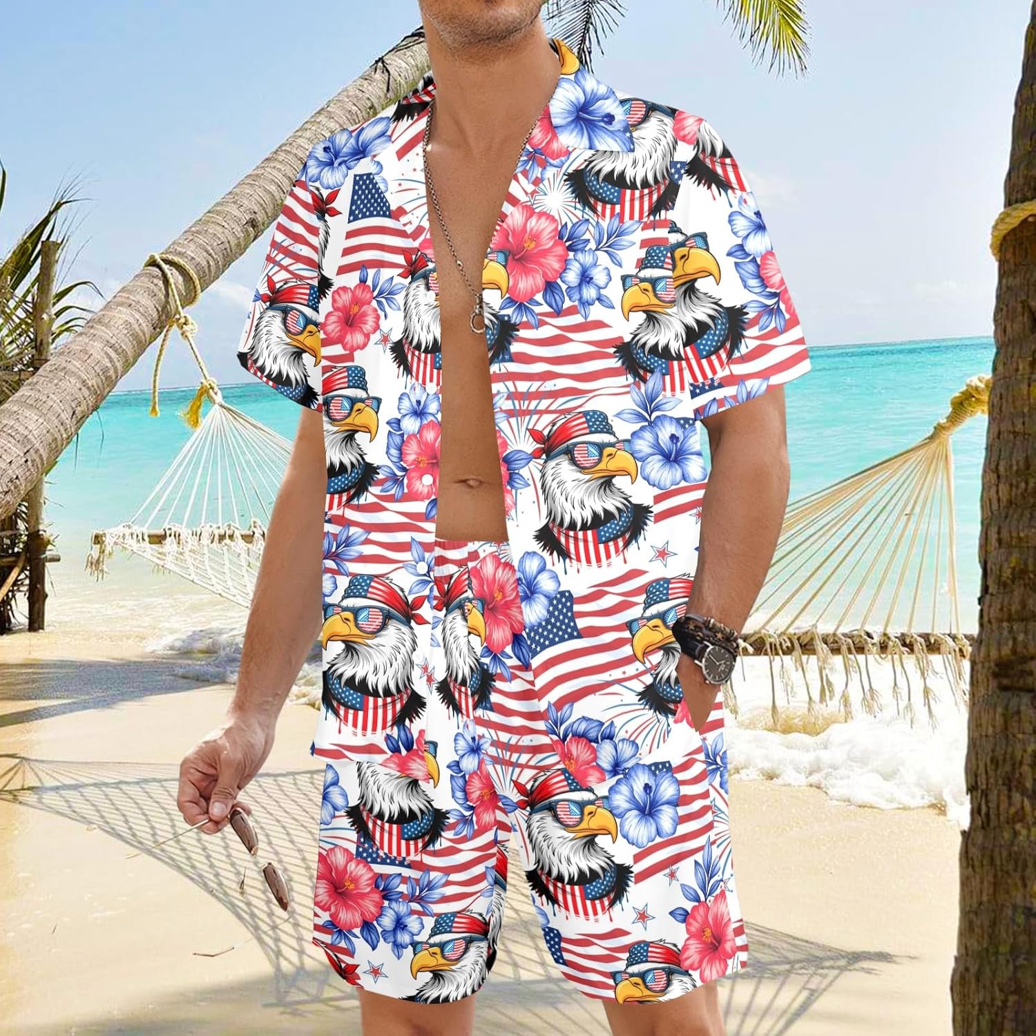 2 Piece Men's Hawaiian Outfits Shirts and Shorts Sets Button Down Funny Tropical Beach Party