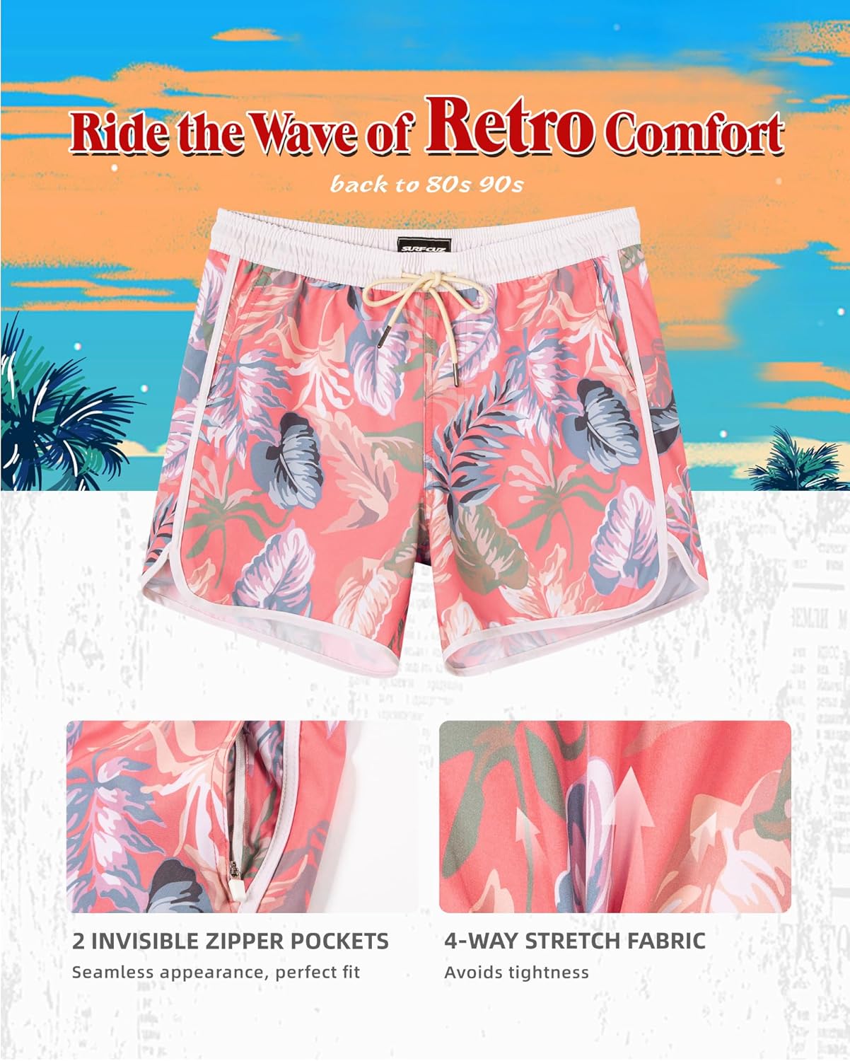 SURF CUZ Mens Swim Trunks with Compression Liner 5" Swimming Trunks 5 Inch Retro Swim Shorts Bathing Suits,Aloha,XS - Image 4