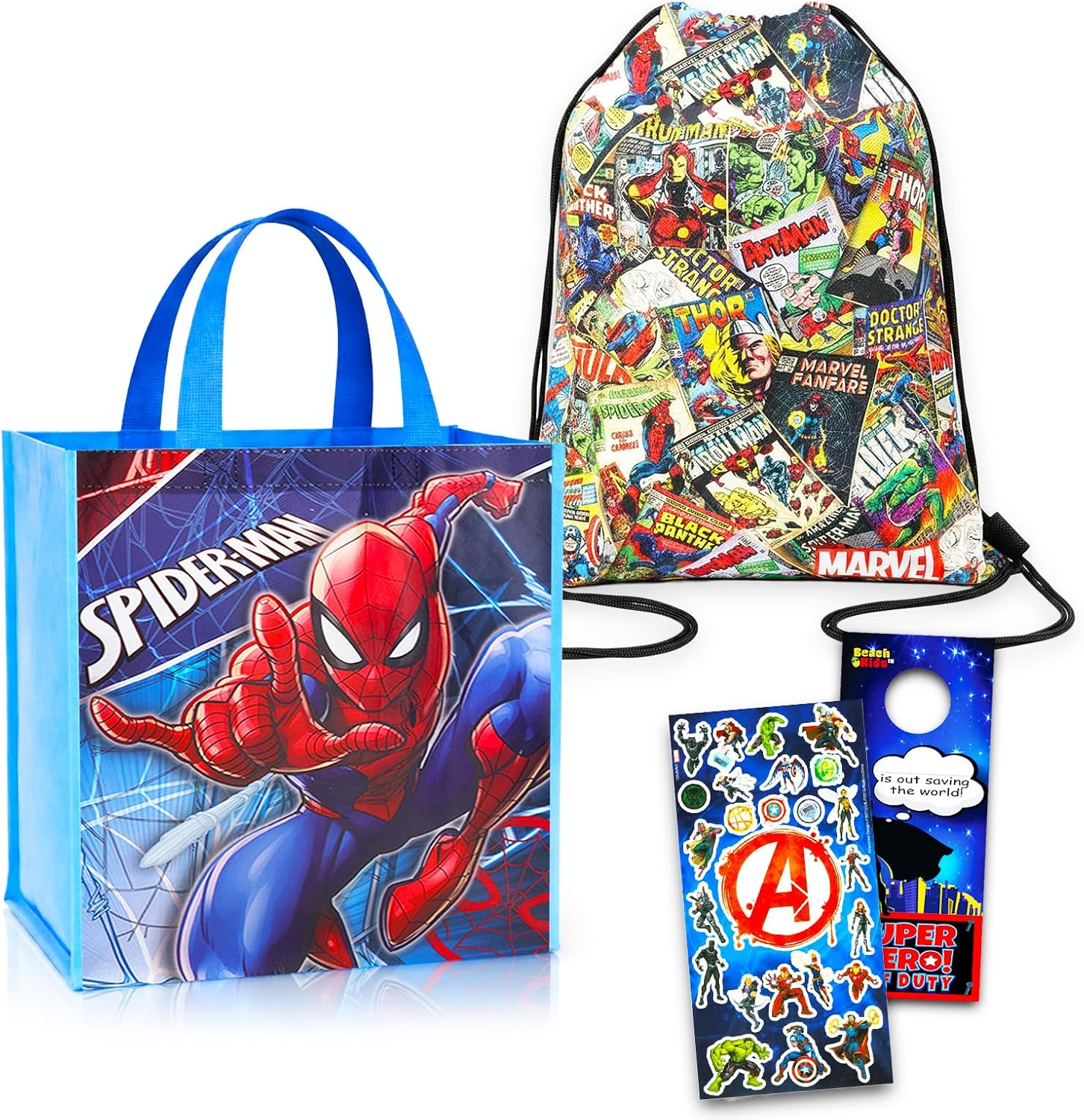 Marvel Avengers Drawstring & Tote Set - 5 Pc Bundle of Avengers & Spiderman Travel Bags for Kids, Stickers, and More (Superhero Sling Bag Totes)