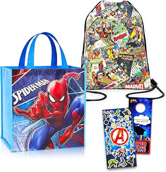 Marvel Avengers Drawstring & Tote Set - 5 Pc Bundle of Avengers & Spiderman Travel Bags for Kids, Stickers, and More Superhero Sling Bag Totes