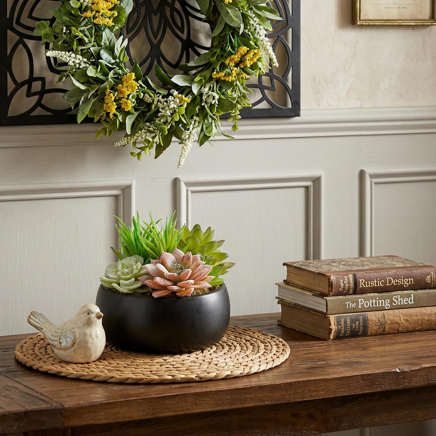 MyGift Mini Artificial Succulent in Pot, Fake Plant Arrangement in Black Ceramic Planter Bowl