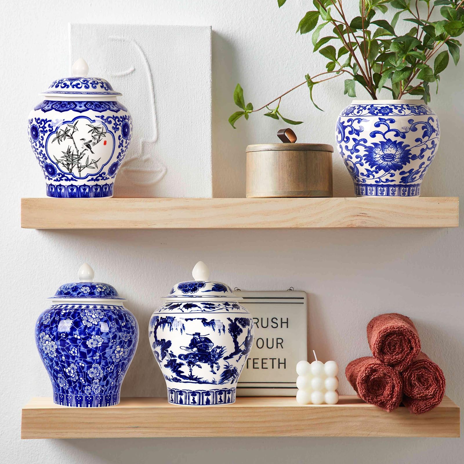 YUDIZWS Set mit 4 kleinen blauen und weißen Vasen, Porzellanvasen, blaue Chinoiserie-Dekoration, Ingwergläser, Keramik, chinesische Blume, dekorative Knospengläser mit Deckel, für Zuhause