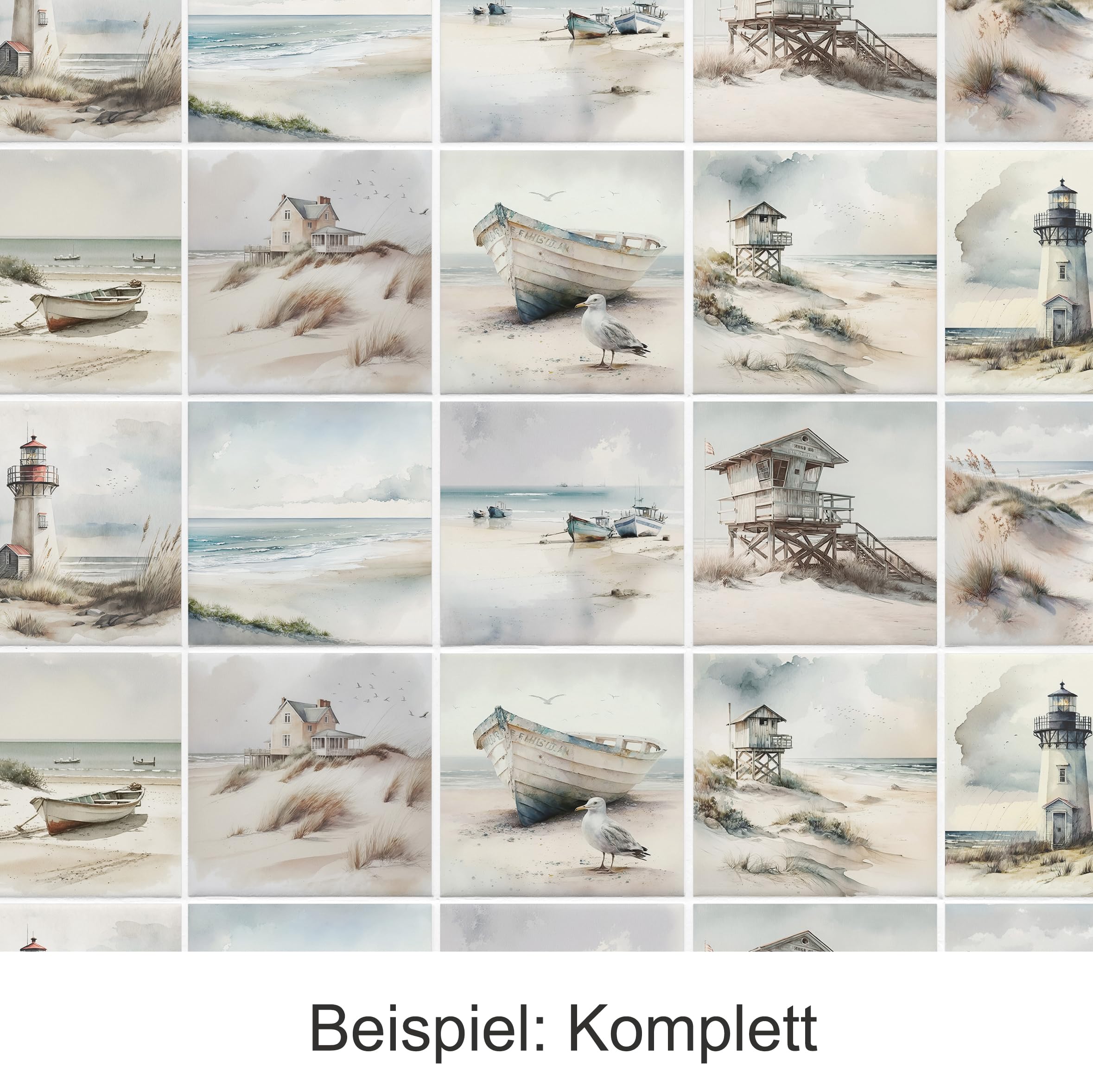 GRAZDesign Fliesenaufkleber Bad & Küche, maritim Leuchtturm Strand Watercolor, Klebefliesen selbstklebend - 15x15cm / 10 Stück