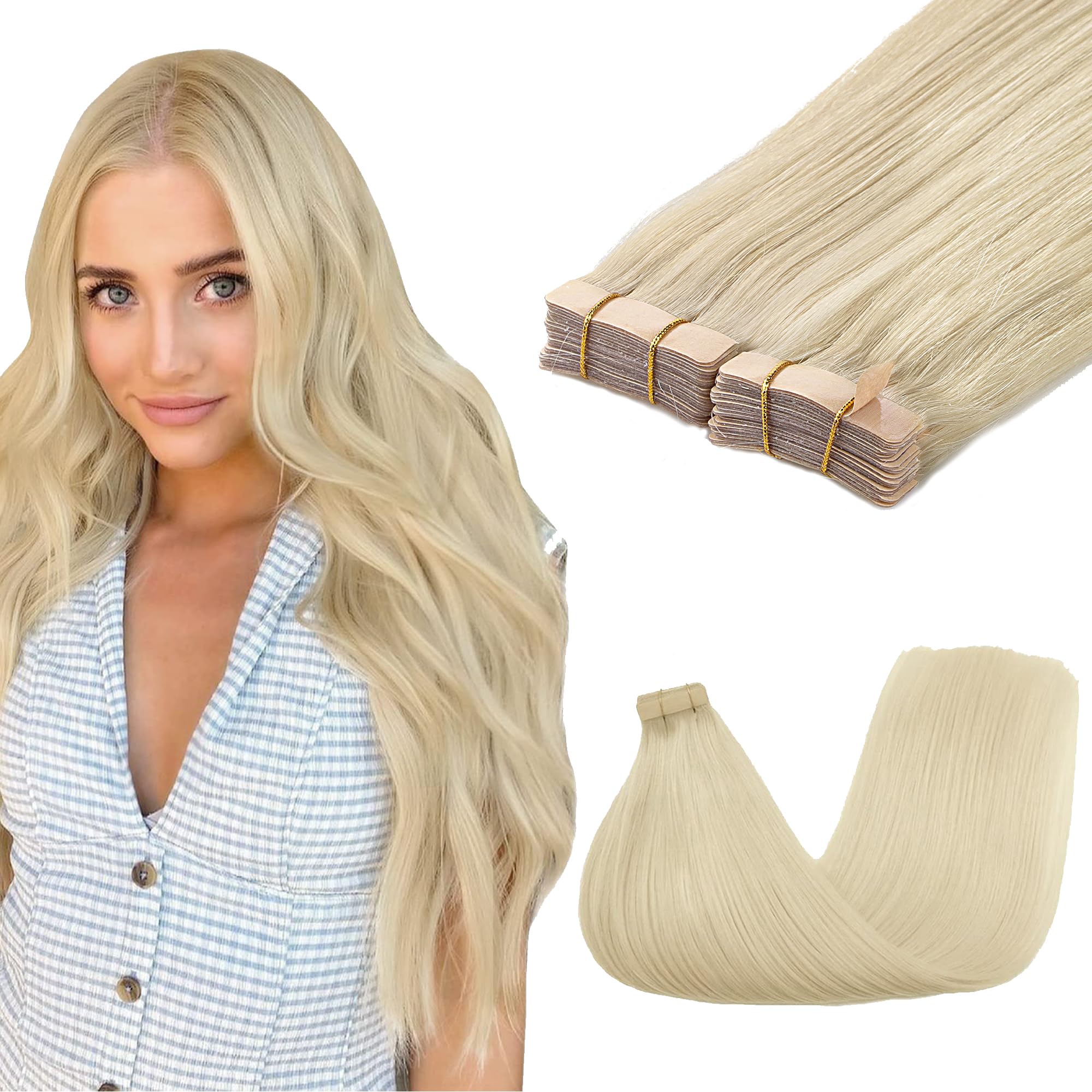 GOO GOO Tape in Hair Extensions human hair, tape Hair Extensions, 24inch 100g 40pcs, Human Hair Extensions, 60A Platinum Blonde