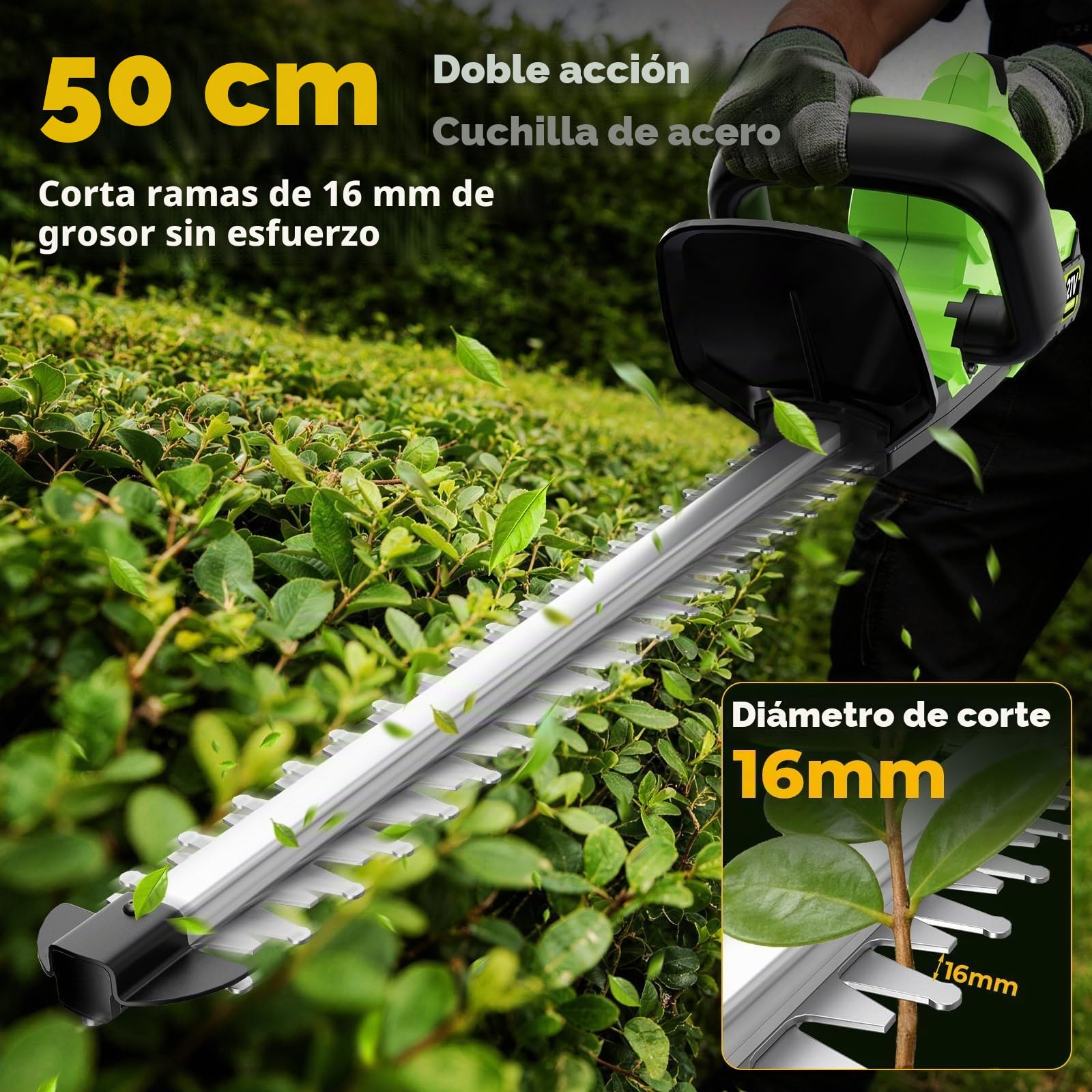 Cortasetos Bateria, Cortasetos Electrico 21V, 800W con Cuchilla De Acero 70mn4 De 50 Cm, Corte Bidireccional De 16 Mm, 2 Baterías De 4000mah, Protector De Seguridad para Jardín y Arbustos