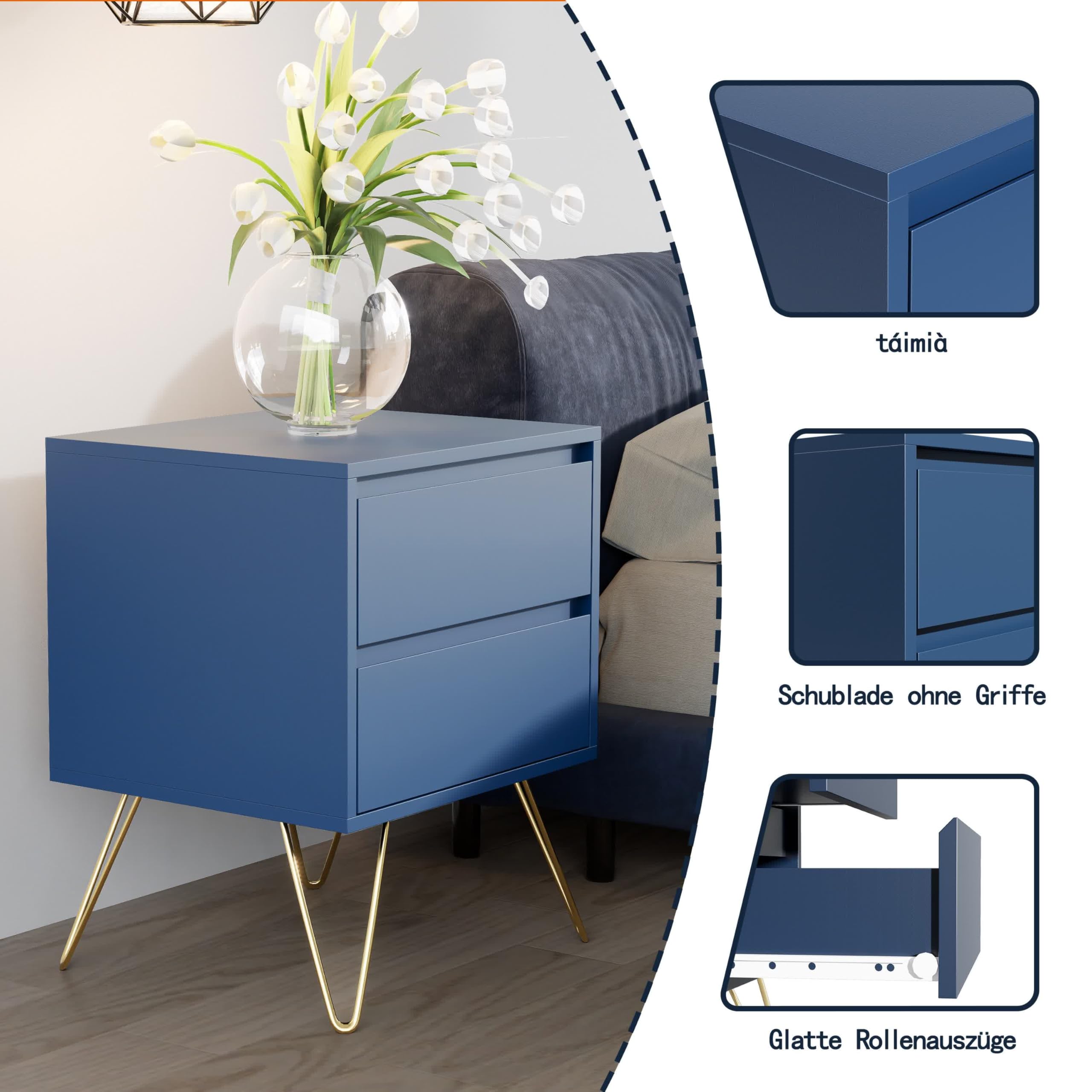 Garvis Home Nachttisch 2er Set, Nachtschrank mit 2 Schubladen, MDF Nachtkonsole mit goldenen Hairpin-Legs, Retro Beistelltisch für Boxspringbett, inkl. Kippschutz (Marineblau)