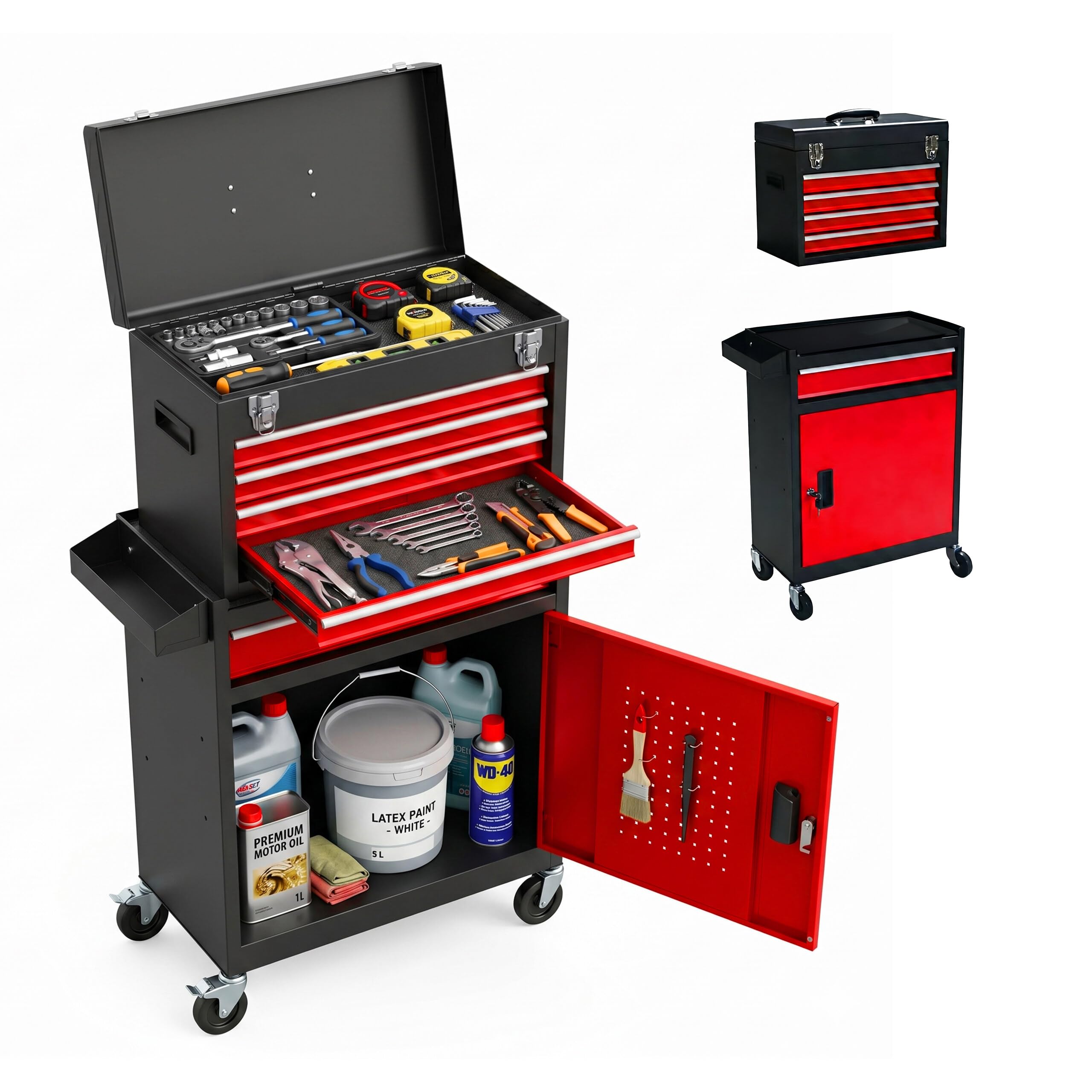 Relaxdays Chariot d'atelier, Noir-Rouge | 5 tiroirs + coffret amovible verrouillable, 104×59,5×28 cm, roulettes, acier