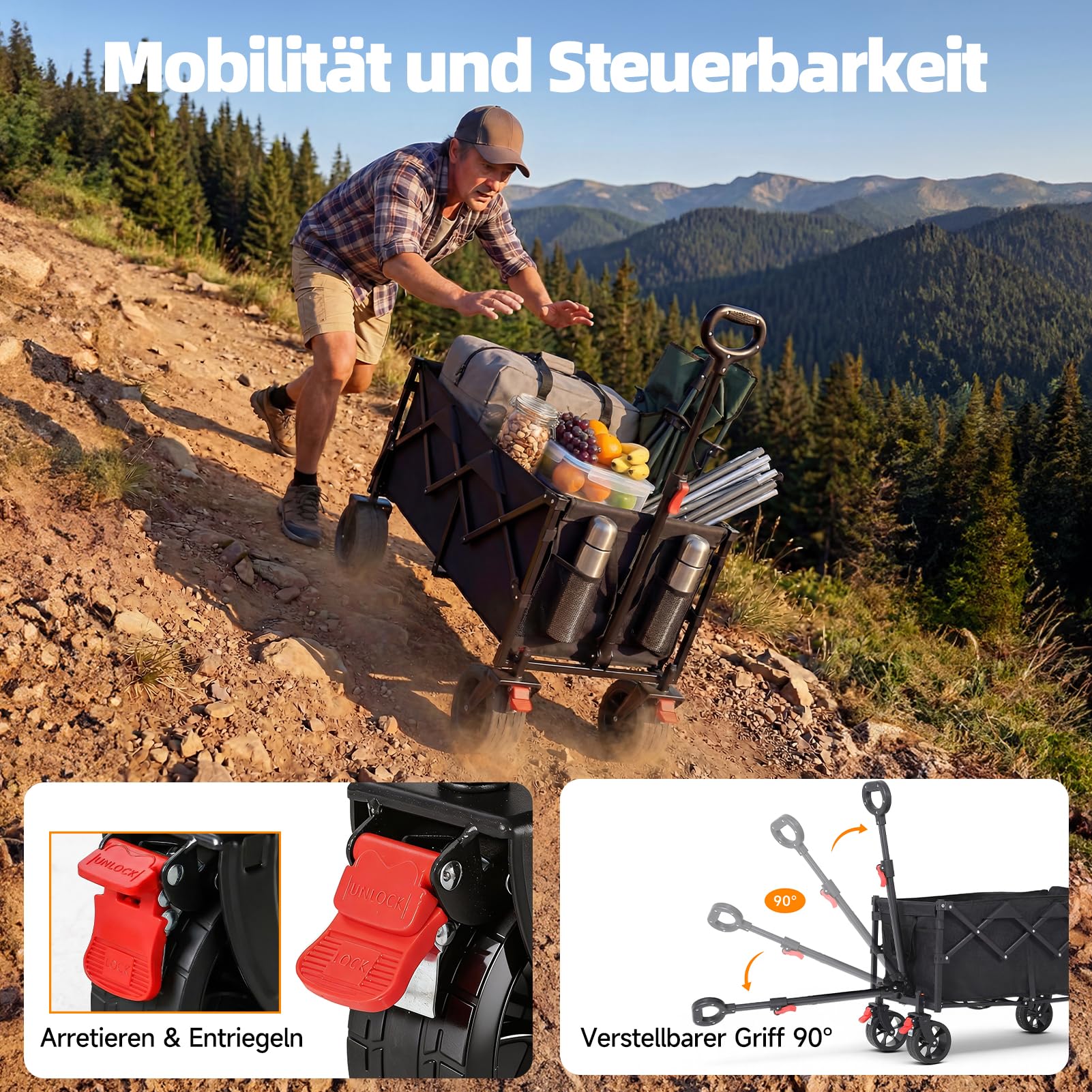 HAUSPROFI Carrello pieghevole da 100 l, portata 100 kg, adatto per fuoristrada, con freni, All-Terrain, tasca laterale e portabevande per esterni, campeggio, giardino e shopping