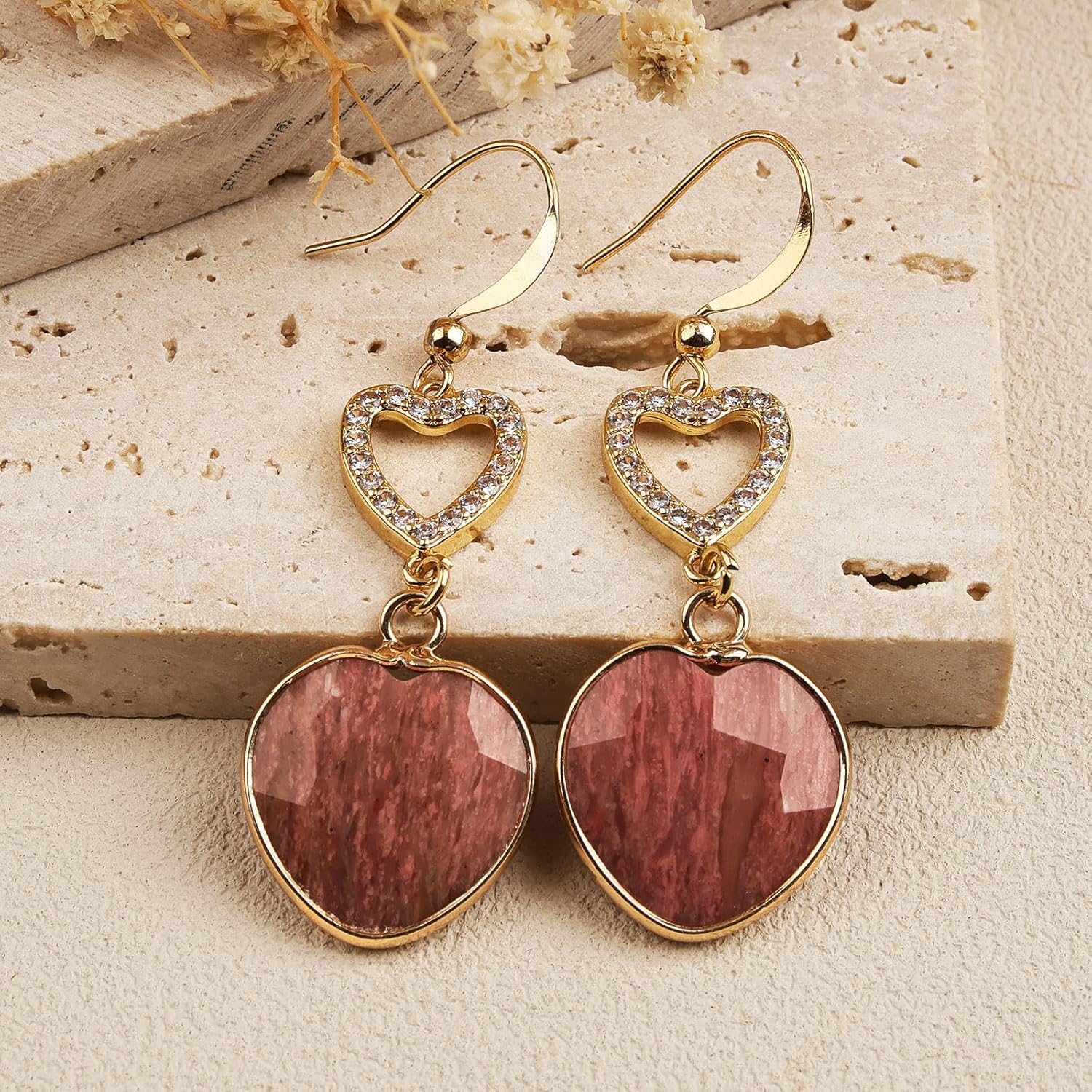 Heart Rhodochrosite Dangle Earrings for Women Trendy - Natural Stone Earrings, Sparkling Cubic Zirconia Heart Design, Homemade Dainty and Minimalist Drop Earring for Women Gifts - Image 5