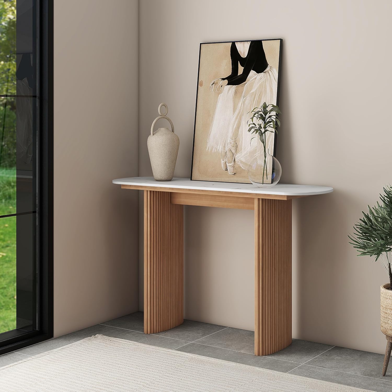 47.24" Mid Century Modern Console Table with Sintered Stone Top, Solid Wood Entryway Table, Sofa Table for Living Room, Narrow Hallway Table, Foyer Table, Behind Couch Table, Farmhouse, Boho