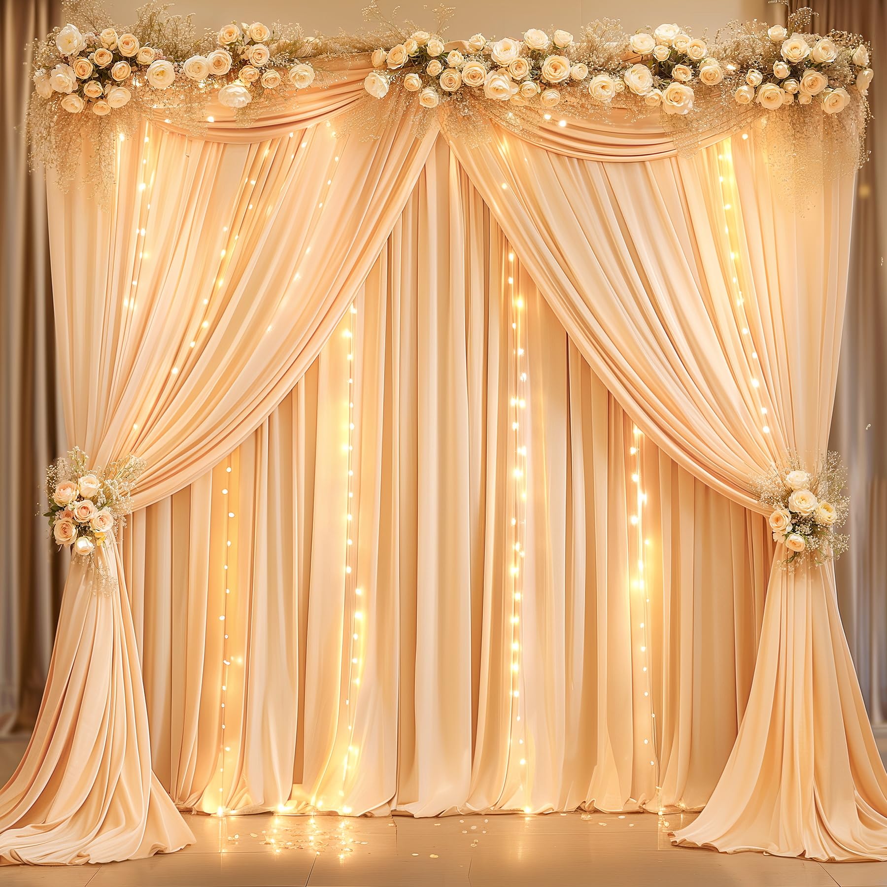 Wish Care 10x10ft Dark Champagne Backdrop Curtains with Lights String for Parties Wedding Wrinkle Free Curtains Soft Photo Drapes for Birthday Baby